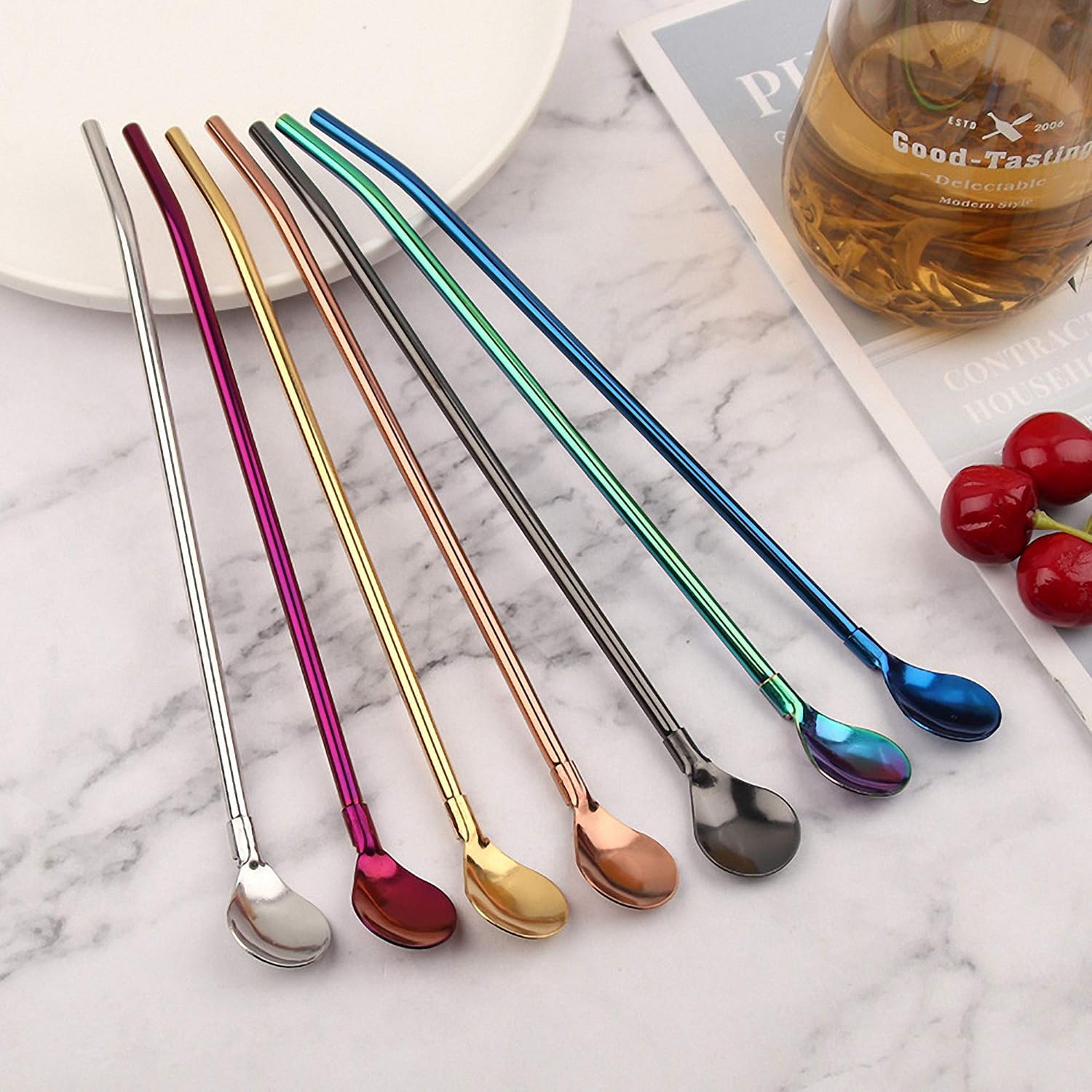 7 popotes de metal para beber con 2 cepillos de limpieza de 8.5 pulgadas, cuchara de barra reutilizable para café helado, bebida congelada, batidos,