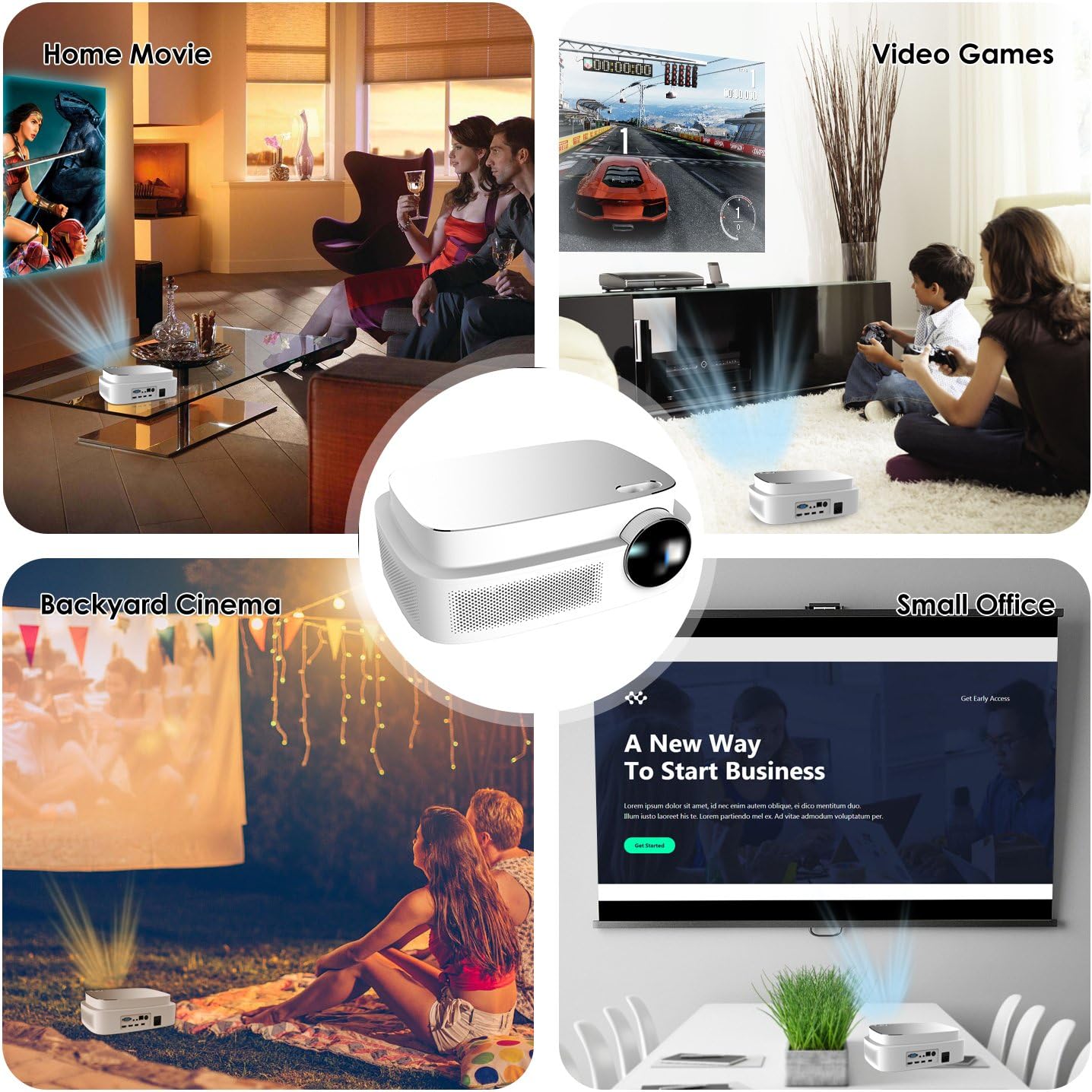 Proyector de video, haz de video HD 1080p con pantalla de 200 pulgadas, altavoz de alta fidelidad, compatible con TV Stick, HDMI, VGA, USB, portátil