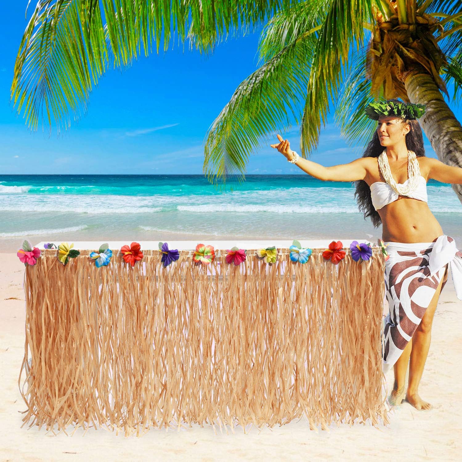 Falda de mesa de hierba Luau de 9 pies, falda de mesa hawaiana para decoración de fiesta Luau, suministros de decoración de bar Hula Tiki, manteles