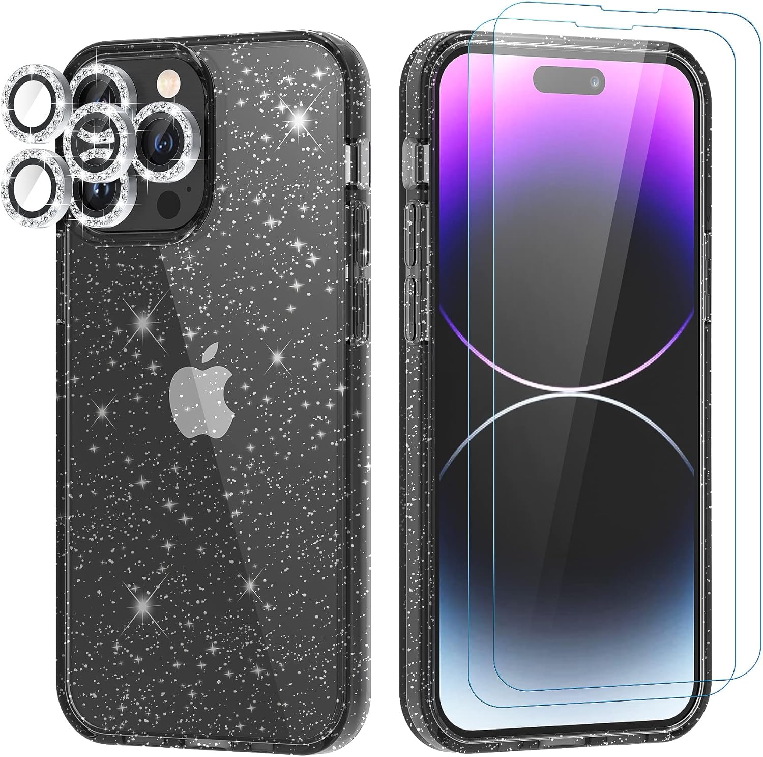 Diseño de funda con purpurina para iPhone 14 Pro con 2 unidades protector de pantalla y paquete de 3 protector de lente de cámara, funda de