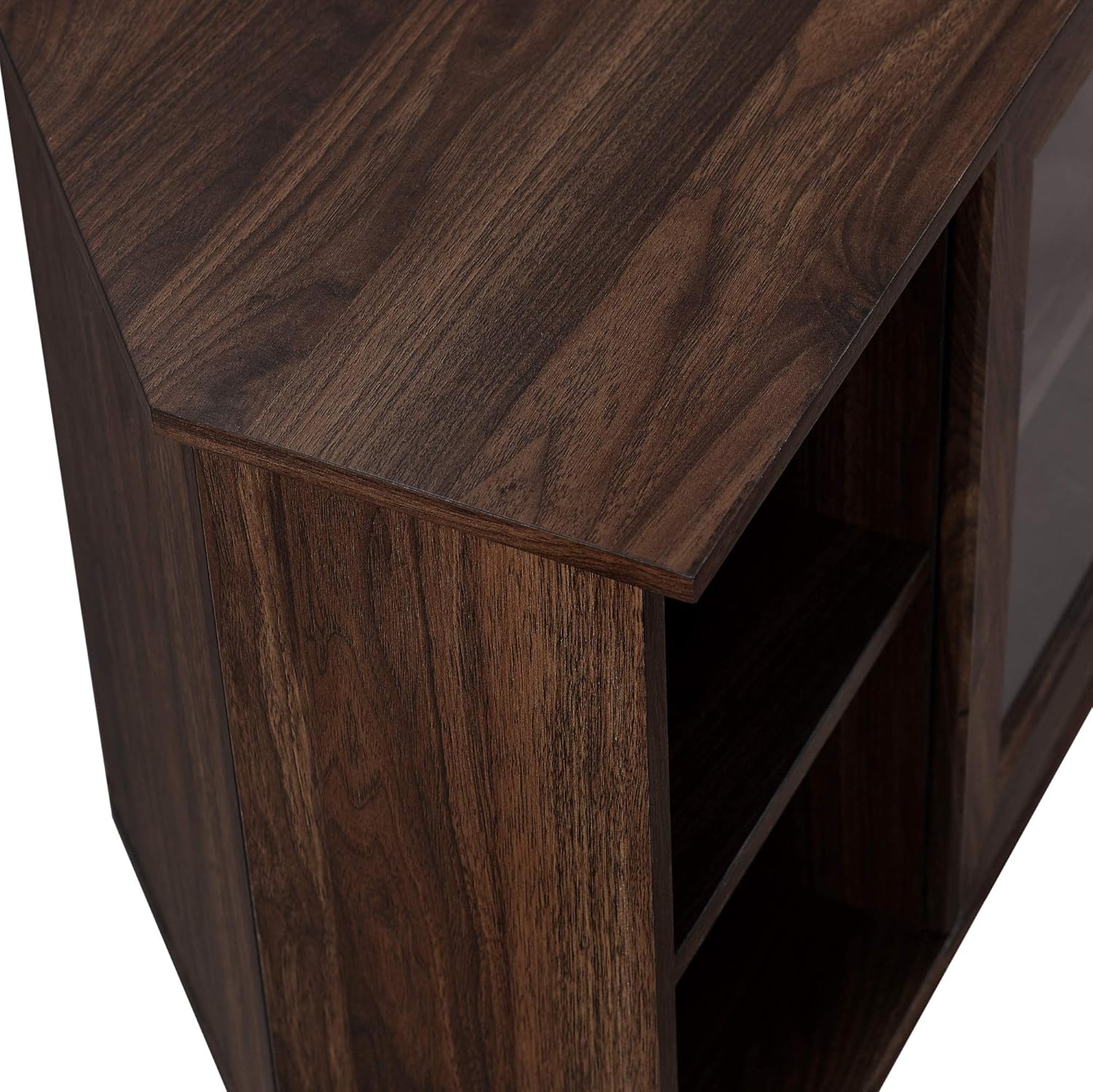 Walker Edison Moderno soporte universal de esquina de madera para TV con estantes abiertos, puertas de gabinete de vidrio, almacenamiento para