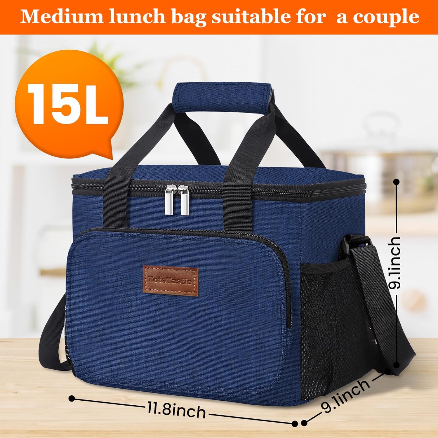 Lonchera aislada para mujereshombres, bolsa de almuerzo a prueba de fugas con correa ajustable para el hombro, bolsillo frontal con cremallera y