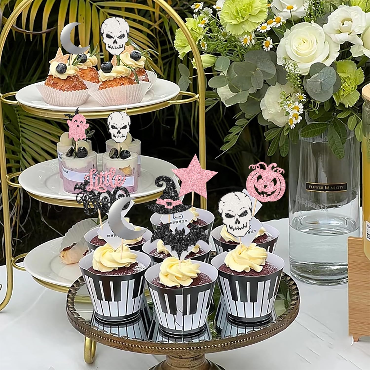Rsstarxi Paquete de 32 adornos para cupcakes de Halloween, color rosa y negro, murciélago, fantasma, pequeño abucheo, cupcakes, palillos de comida