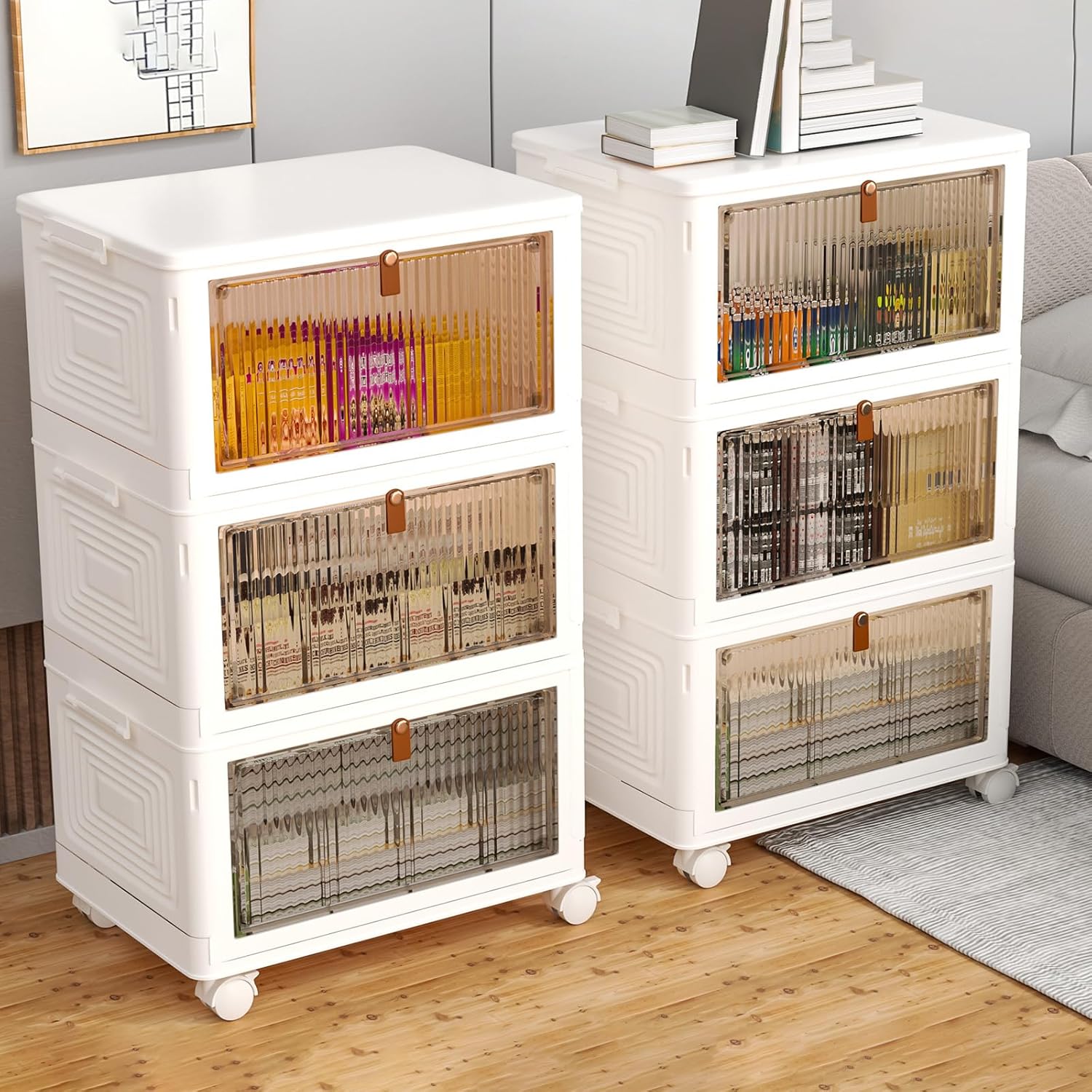 Contenedores de almacenamiento de plástico de 3 niveles con tapas, 34 cuartos de galón, contenedores de almacenamiento apilables con ruedas, cajas
