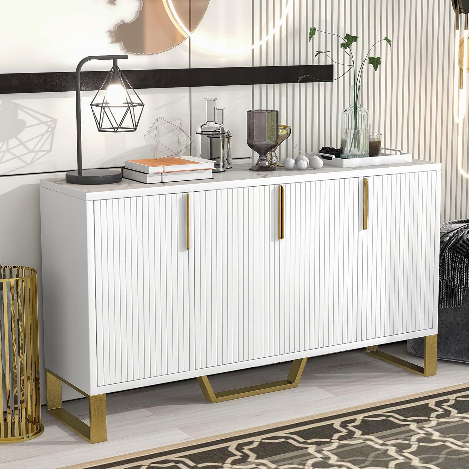 P PURLOVE Aparador moderno con cuatro puertas, armario de madera con estante ajustable, mesa de cocina con almacenamiento con patas de metal para