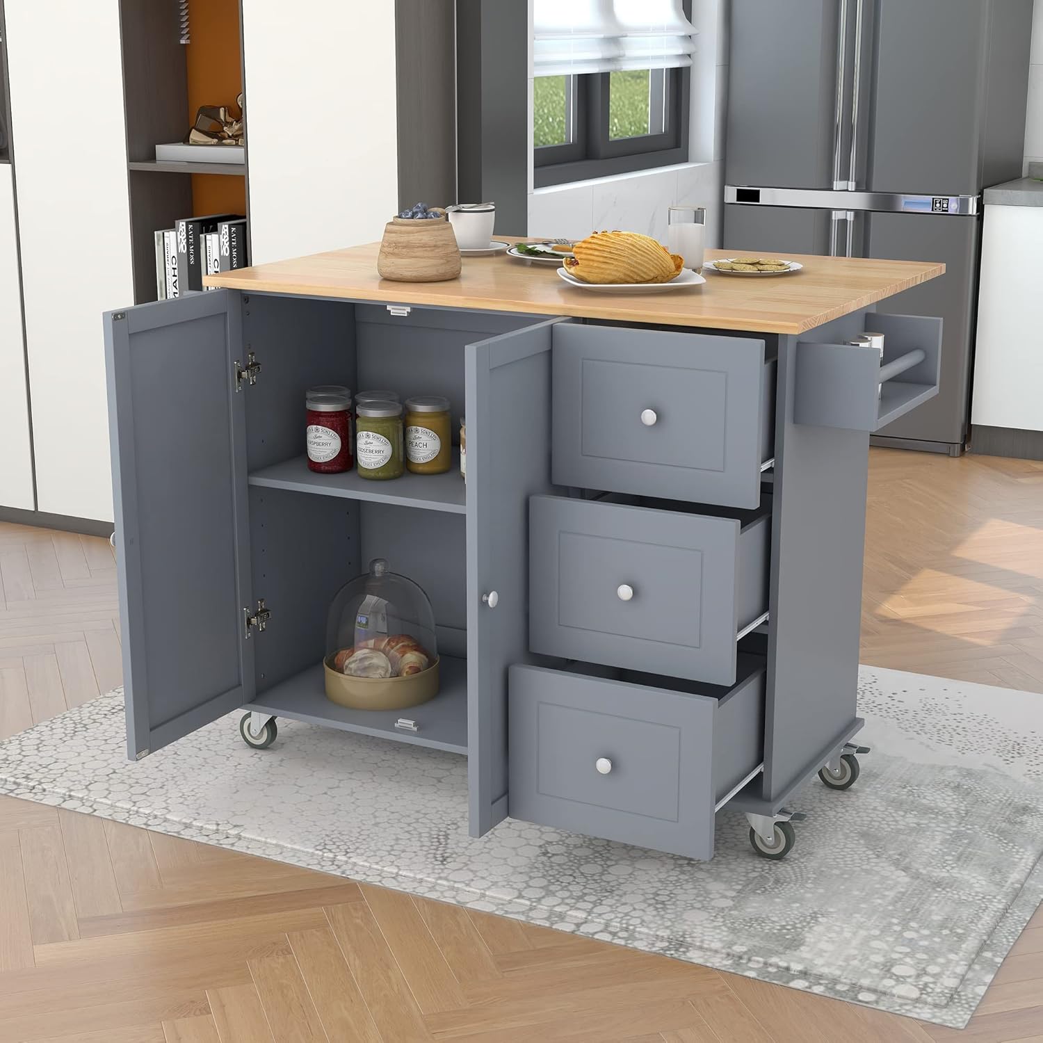 Isla de cocina rodante con parte superior de madera maciza y ruedas de bloqueo, carrito de cocina móvil con gabinete de almacenamiento y barra de
