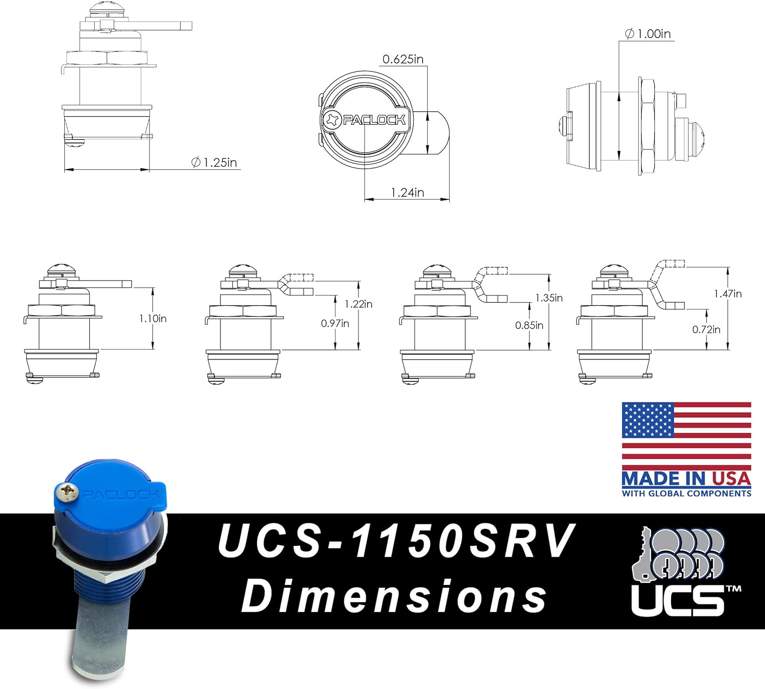 PACLOCK  UCS-1150SRV Cam Lock  Cilindro de 6 pines  Una cerradura con llave a un número U-Pick! con 2 llaves  Retención de llave  Aluminio anodizado
