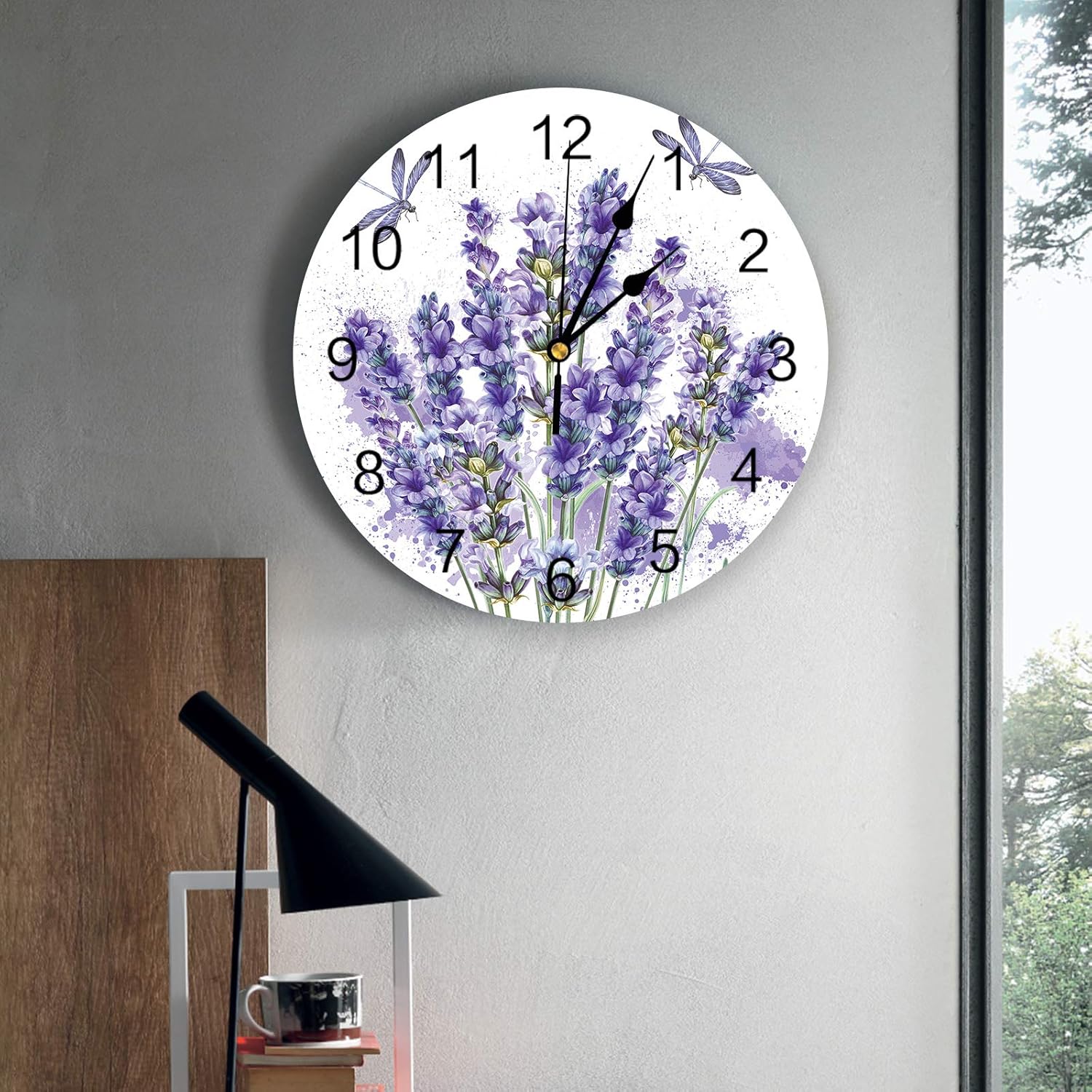 Reloj de pared de PVC con flores de lavanda, silencioso, sin tictac, funciona con pilas, reloj redondo para el hogar, sala de estar, oficina,