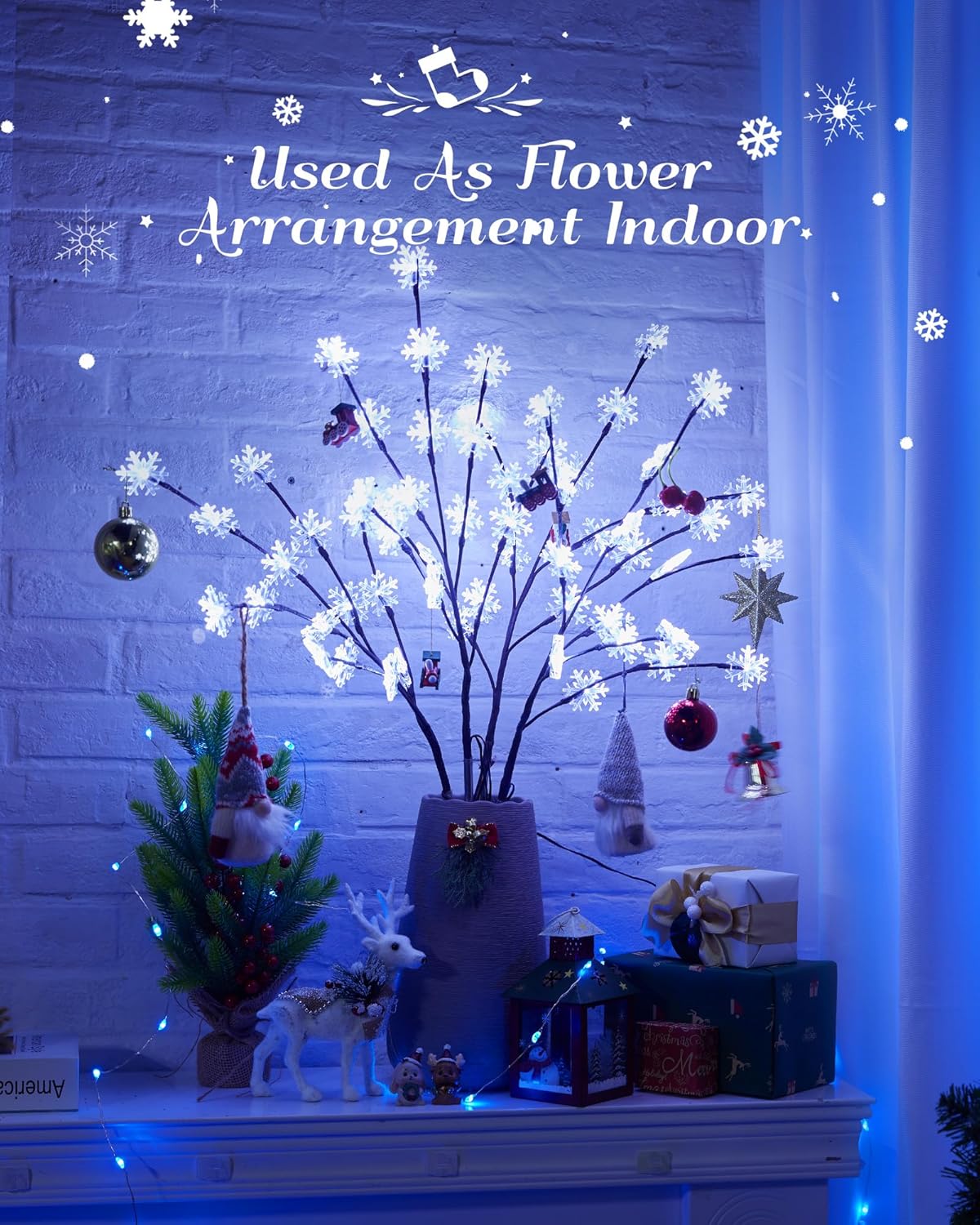 Luces de copo de nieve para caminos al aire libre, 4 paquetes de ramas iluminadas, decoración de patio de Navidad, árbol de Navidad pequeño con