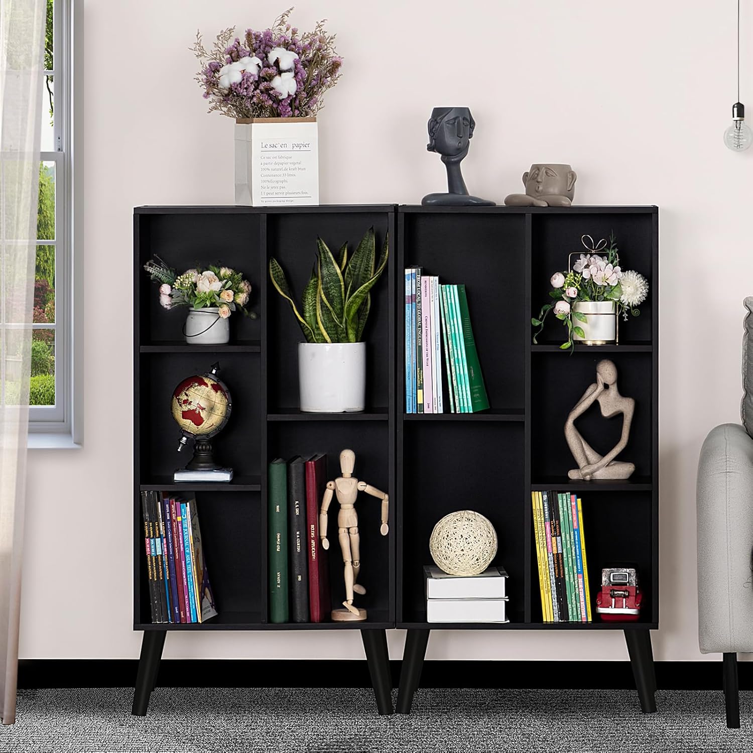 YAHARBO Small Black Narrow Bookshelf,3 Tier Modern Bookcase with Legs,Bookshelves Wood Storage Shelf,Rustic Book Shelves Cube Organizer,Display