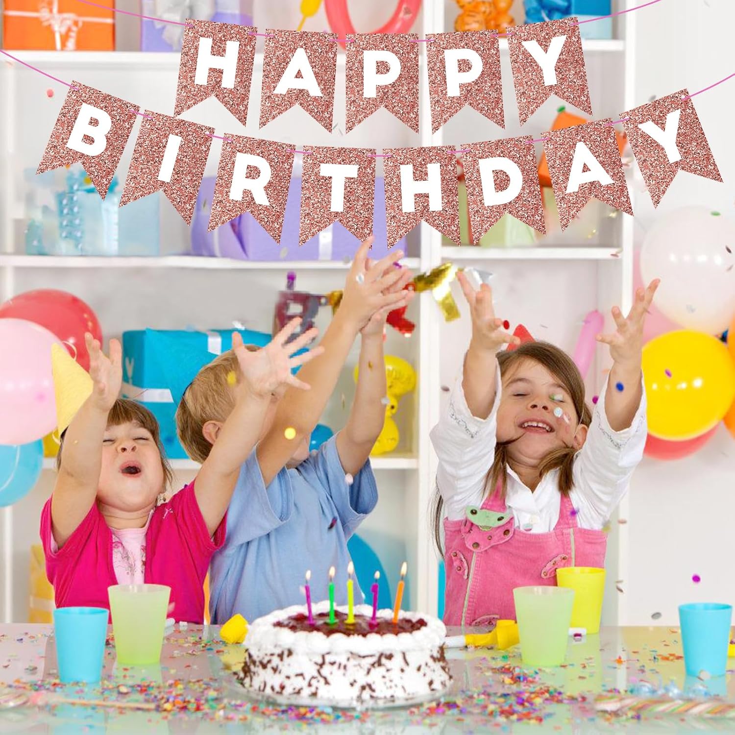 Cartel de feliz cumpleaños de oro rosa con purpurina para telón de fondo, decoraciones de cumpleaños de oro rosa, guirnalda de banderines para