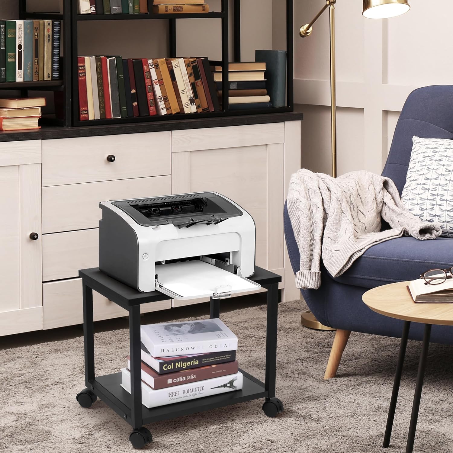 Cakokow Soporte para impresora debajo del escritorio, mesa de impresora móvil industrial de 2 niveles con estante de almacenamiento, carrito de
