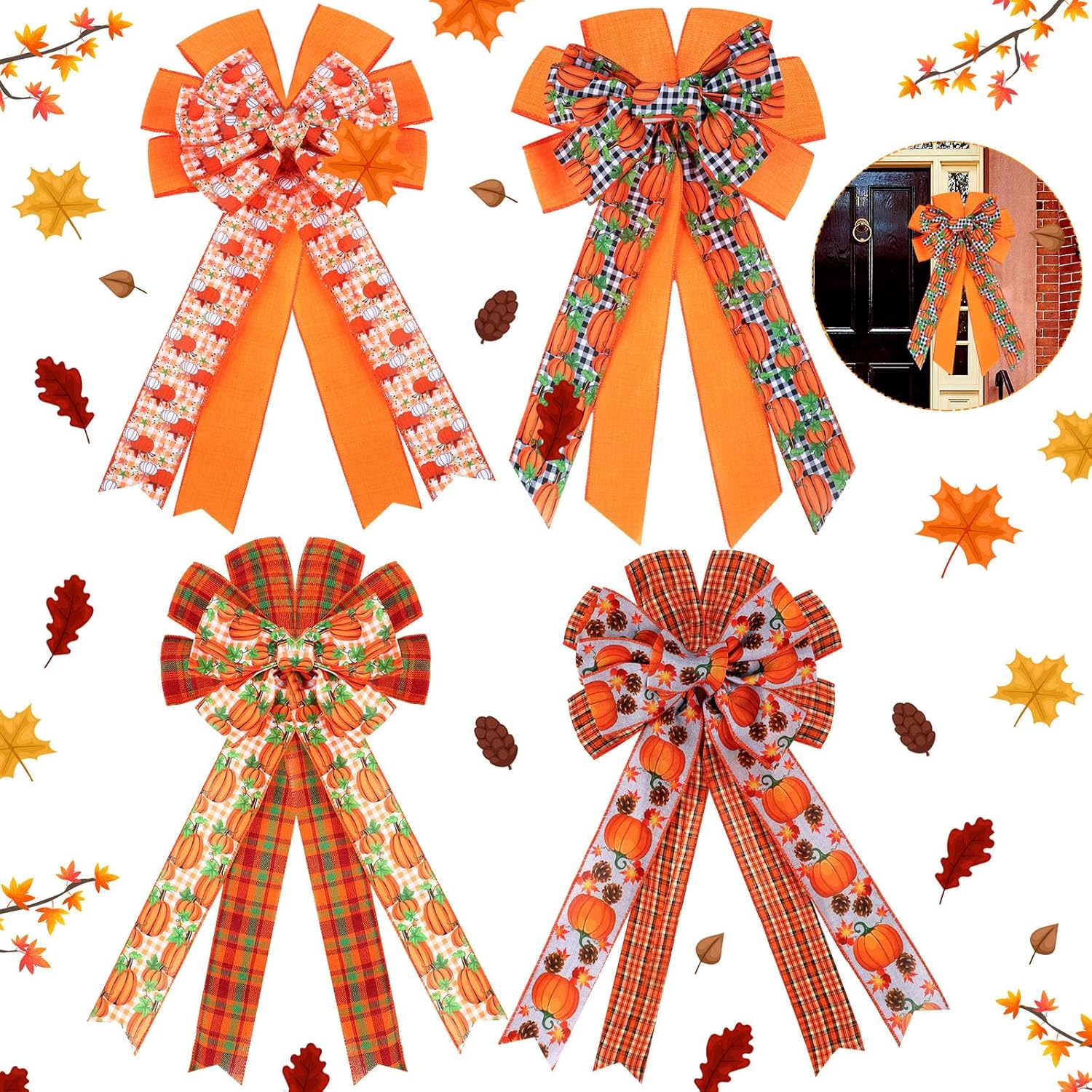 Arcos de corona de otoño de 11.8 x 19.7 pulgadas, lazos grandes de calabaza a cuadros, decoración de doble capa para árbol de Acción de Gracias,