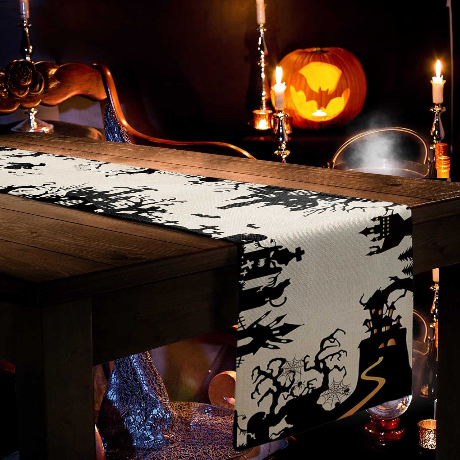Camino de mesa de Halloween, bufandas de tocador de 13 x 48 pulgadas, camino de mesa de castillo embrujado aterrador, mesa de lino negro, decoración