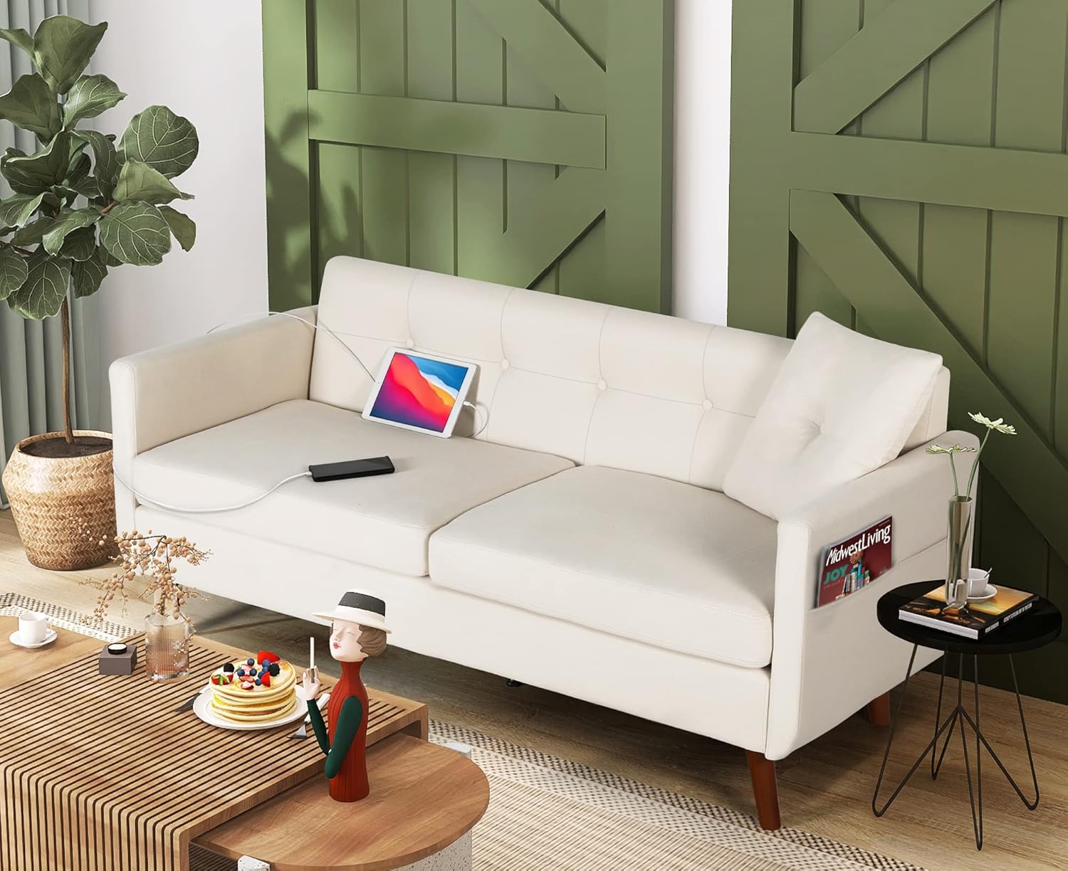 TYBOATLE Sofá tapizado moderno de mediados de siglo con 2 puertos de carga USB, asientos de tela para espacios pequeños, sala de estar, apartamento,
