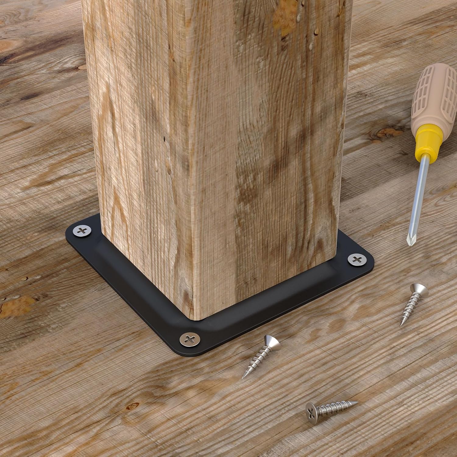 FOROIRON Paquete de 4 conectores de placa de poste de madera de 4 x 4 pulgadas, base de poste de cubierta con recubrimiento en polvo, base de