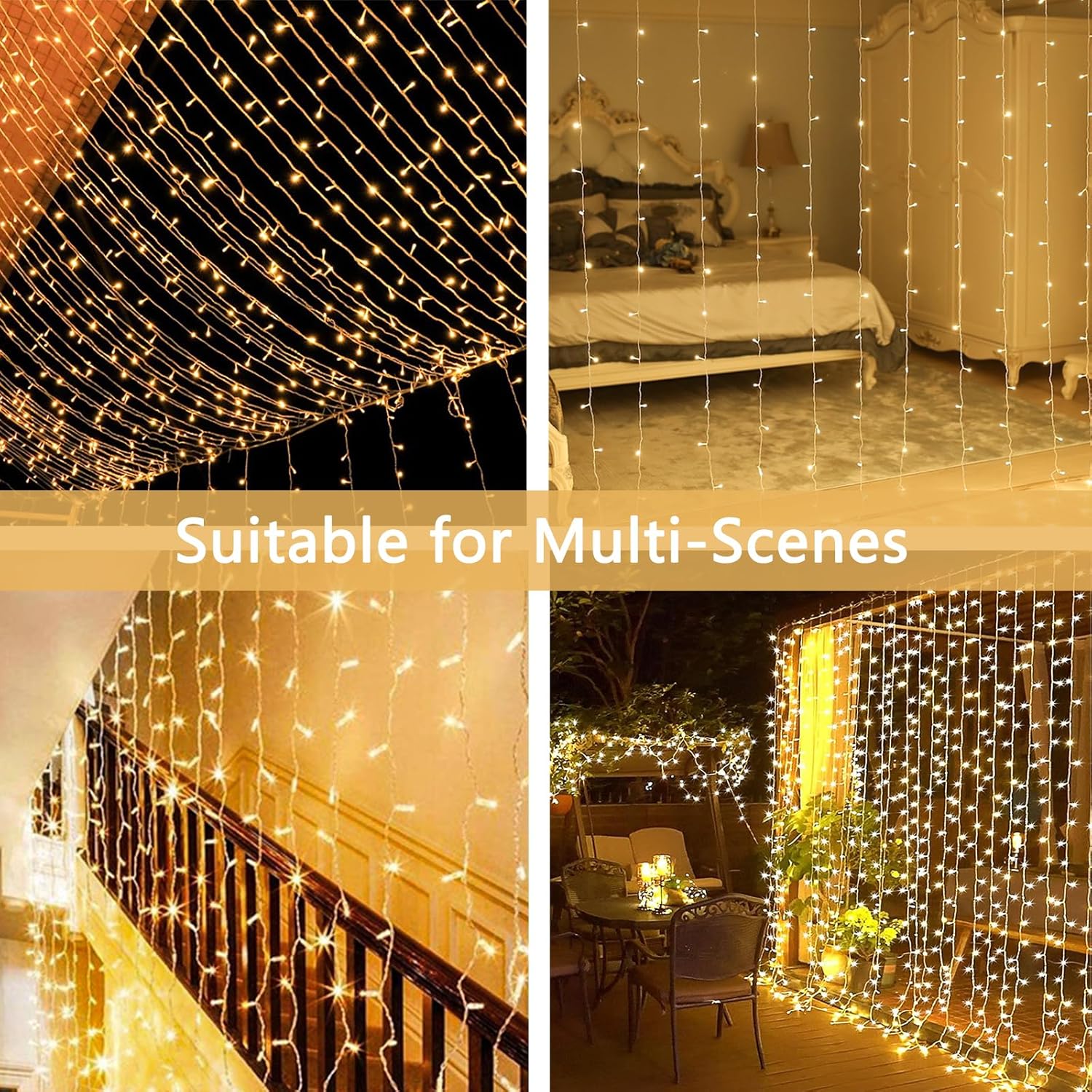 Guirnalda de luces LED para interiores, tira de luces USB con luces de cortina remotas para interiores (600 LED cálidos)