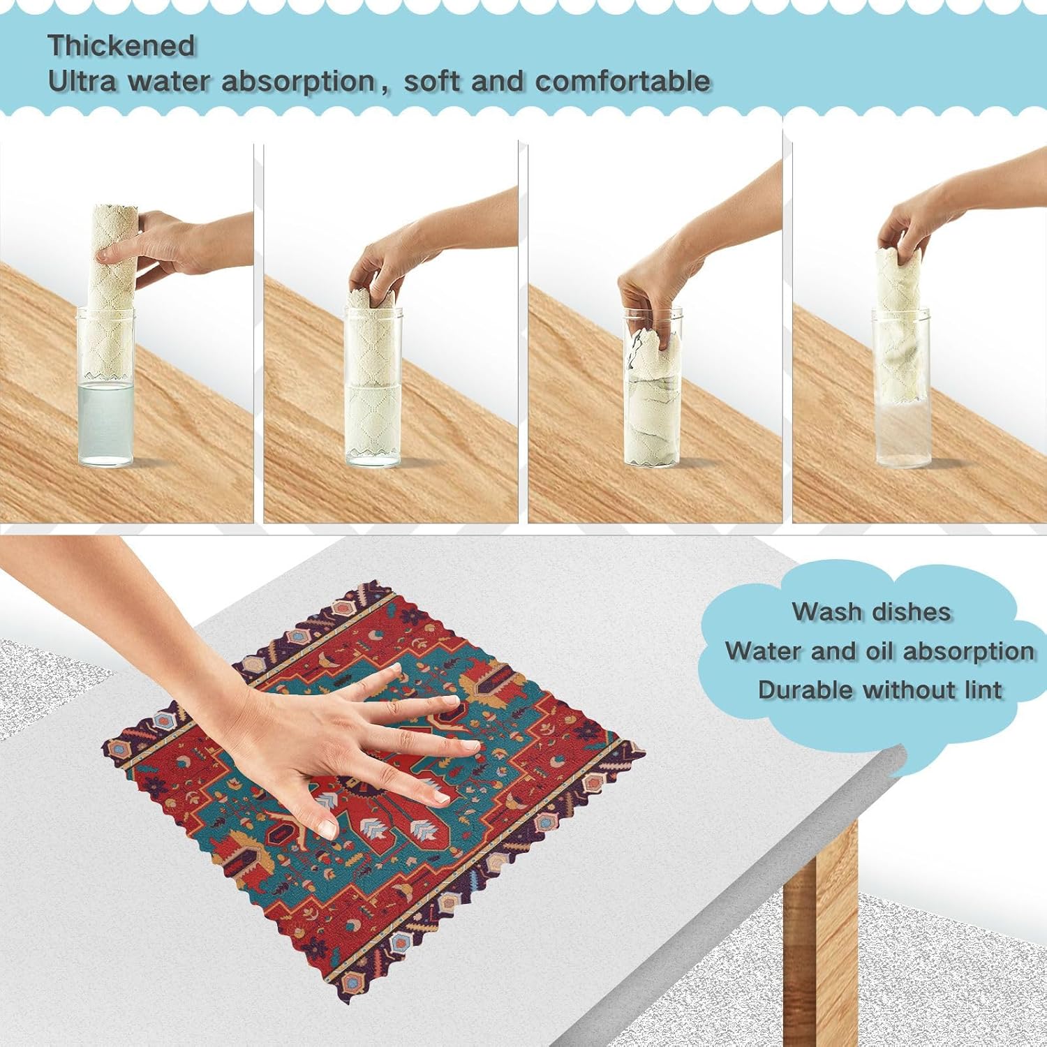 Persian Carpet Tribal Flower Blue 6 Pack Absorbent Microfiber Towels for Kitchen Decorative Soft Car Cleaning Cloth for Countertop Sink