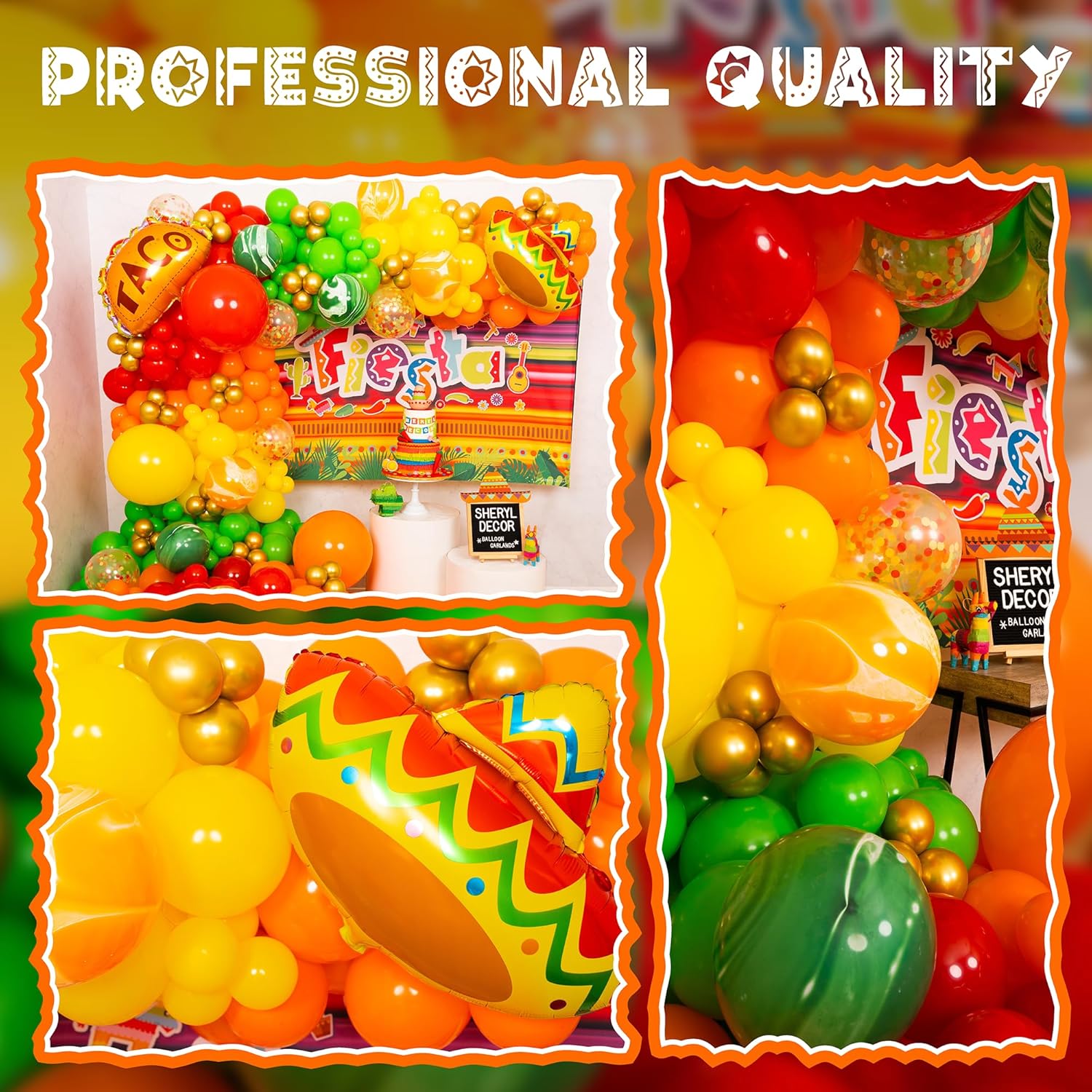 Kit de arco de globos de fiesta mexicana todo en 1 y guirnalda con tacos adicionales, globos de fiesta pequeños y grandes, rojo, amarillo, naranja,