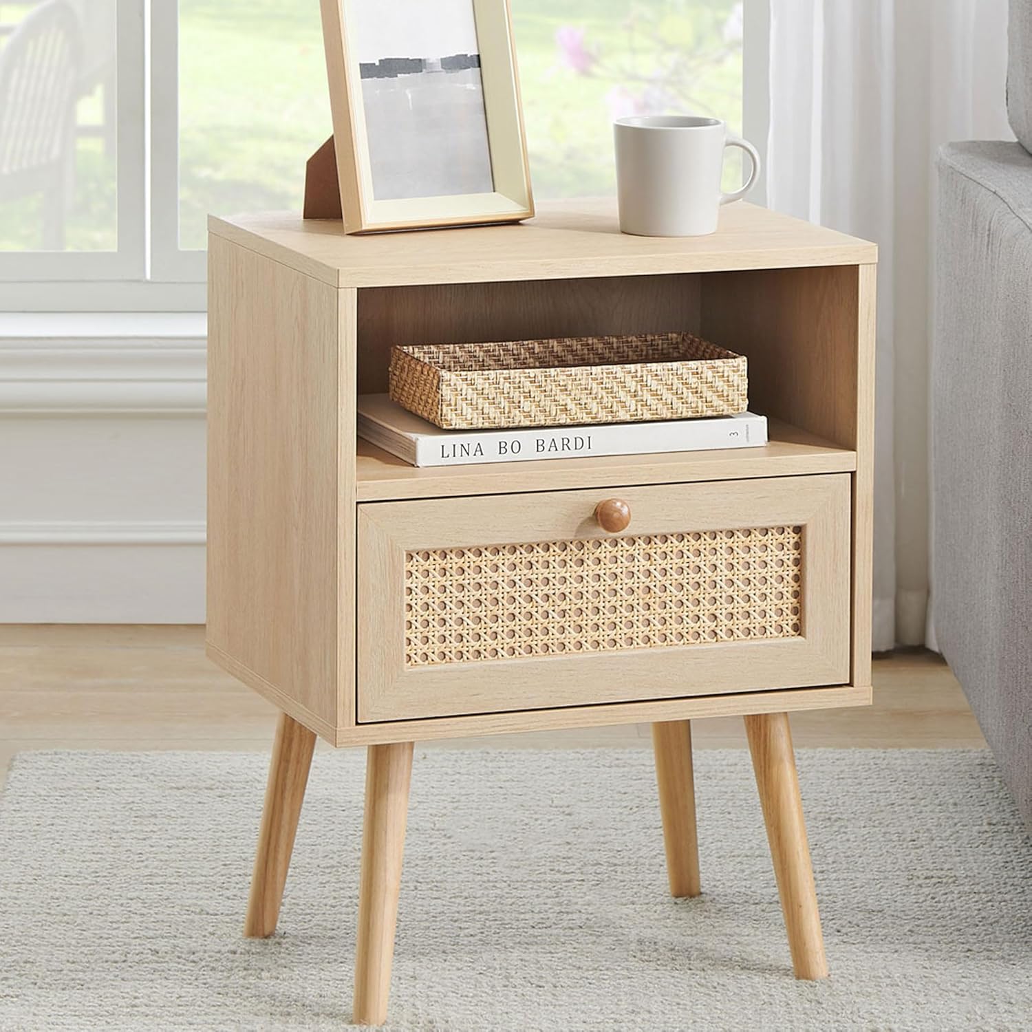 IDEALHOUSE Mesita de noche de ratán, mesa auxiliar con cajón, mesa auxiliar con estante de almacenamiento para dormitorio, sala de estar, dormitorio