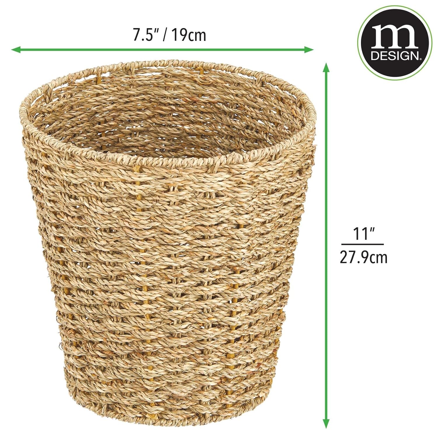 mDesign Seagrass – Cubo de basura bohemio de doble tejido, pequeño, redondo, natural, para artículos esenciales de baño, acabado natural