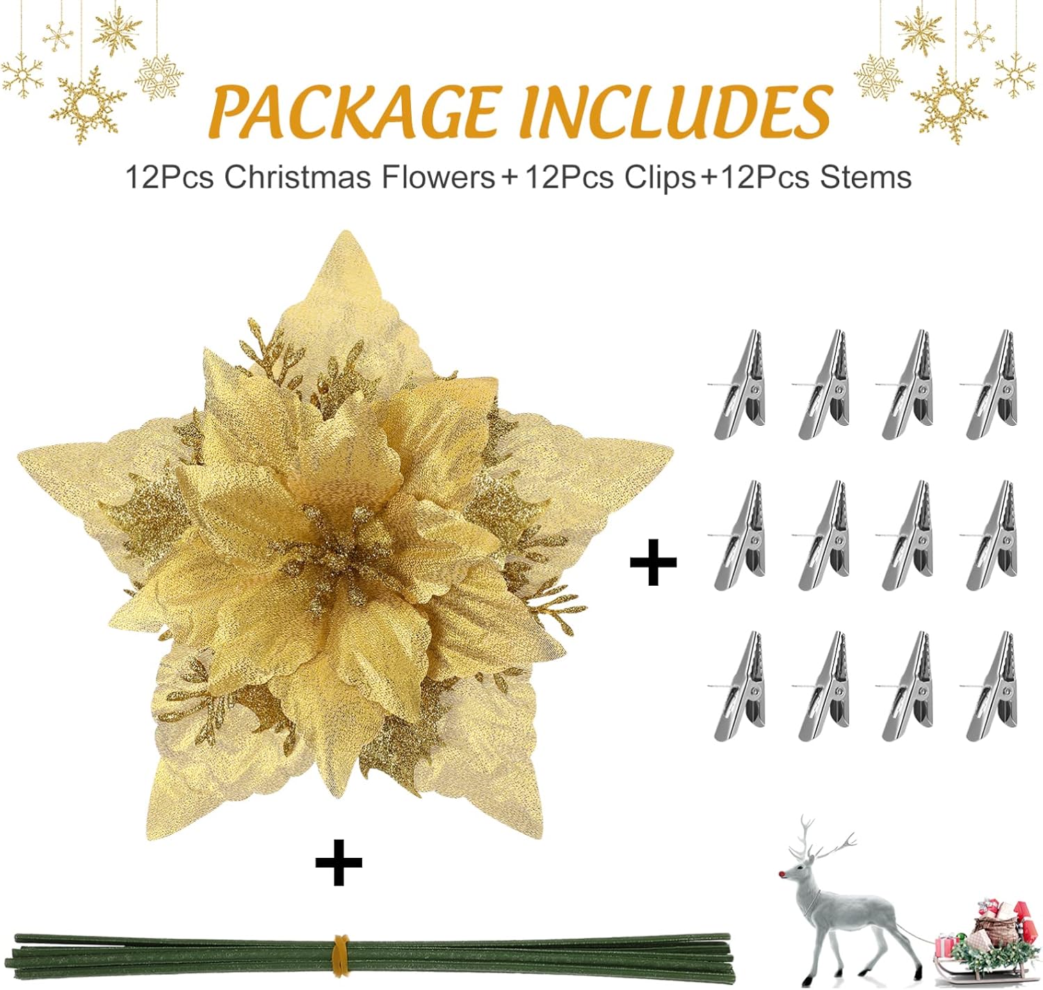 Gadpiparty 12 flores de pascua artificiales con purpurina para Navidad, flores artificiales con purpurina para decoración de árbol con clips y tallo