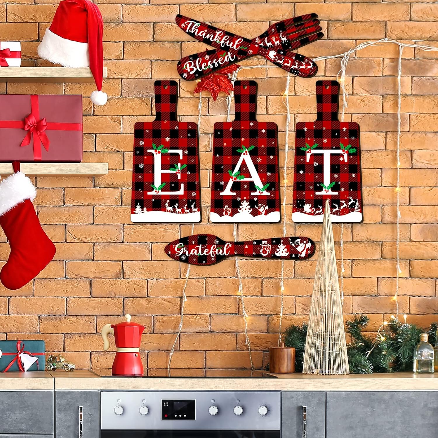 clothmile 6 piezas de tabla de cortar de Navidad, letrero de comer, cuchillo, cuchara y tenedor, decoración de pared a cuadros de búfalo, decoración