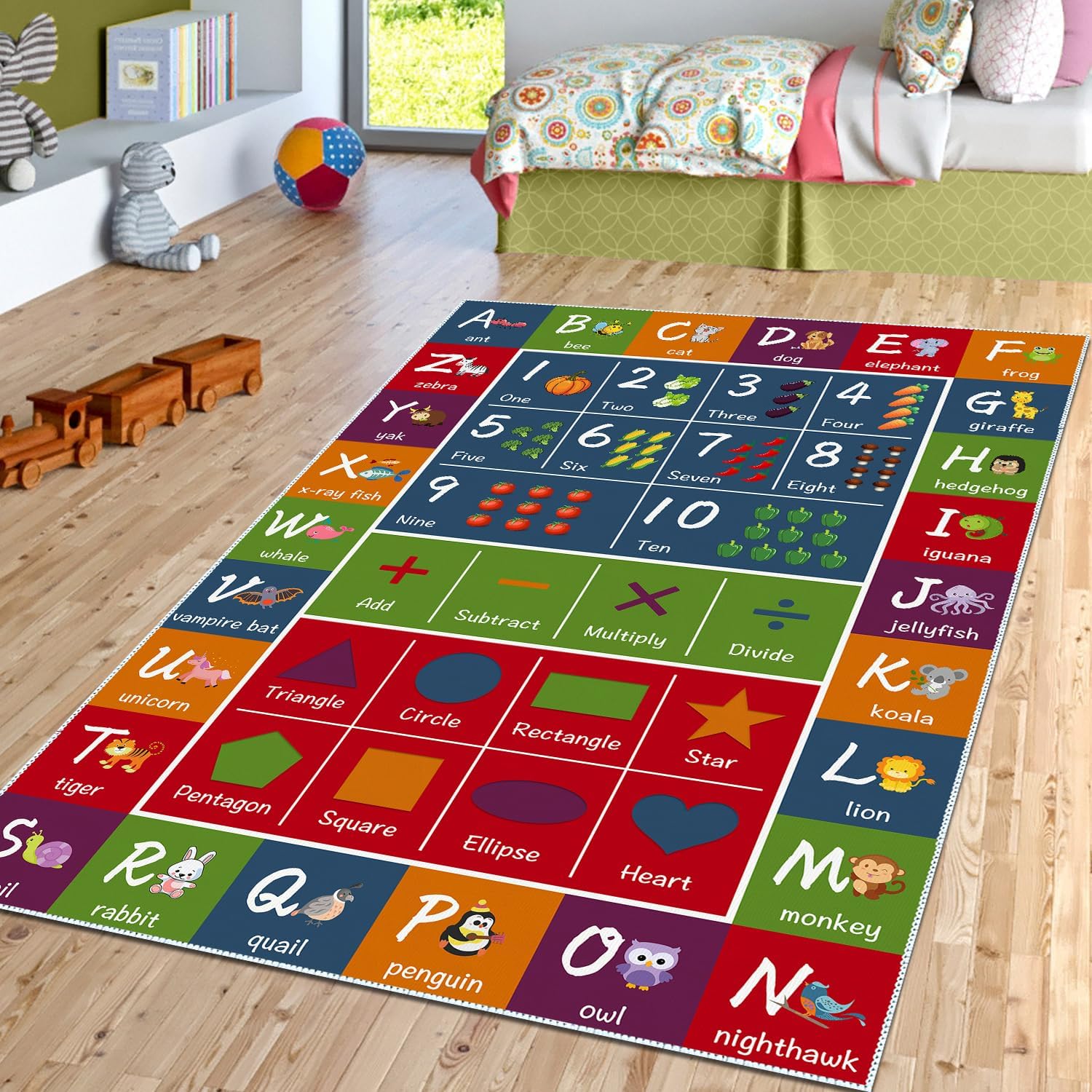 SAMESIEG Alfombra educativa ABC para niños, con forma de símbolo del alfabeto con patrón de animales y verduras, tapete antideslizante para