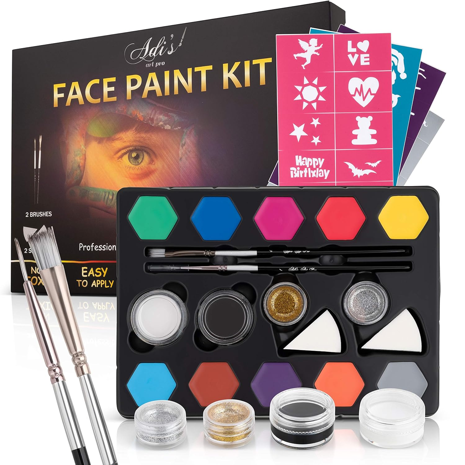 Kit de pintura facial para niños – 58 piezas Set con base de agua – Secado rápido – Pinturas para pieles sensibles no tóxicas – Brillos –