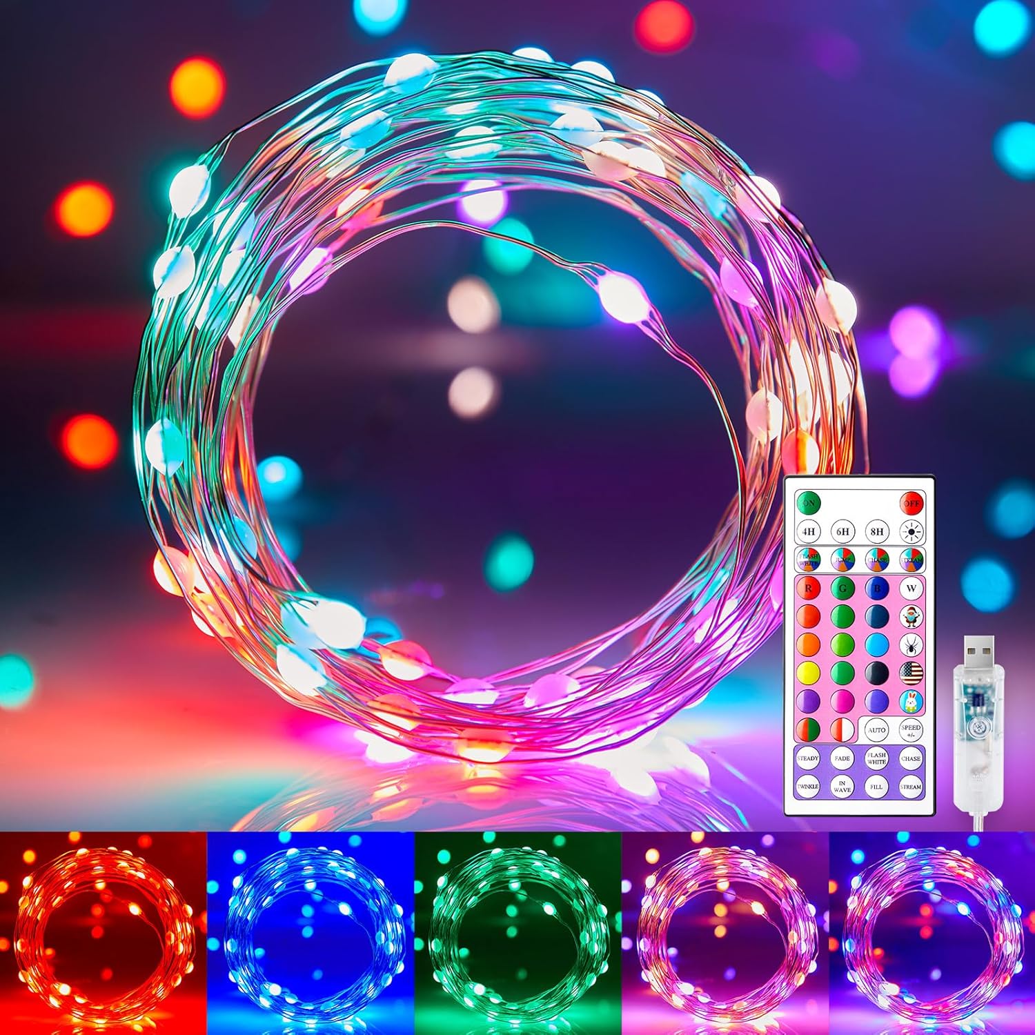 Guirnalda de luces que cambian de color  Cadena de 200 luces LED de 66 pies con control remoto, 22 colores que cambian de luces parpadeantes con 12