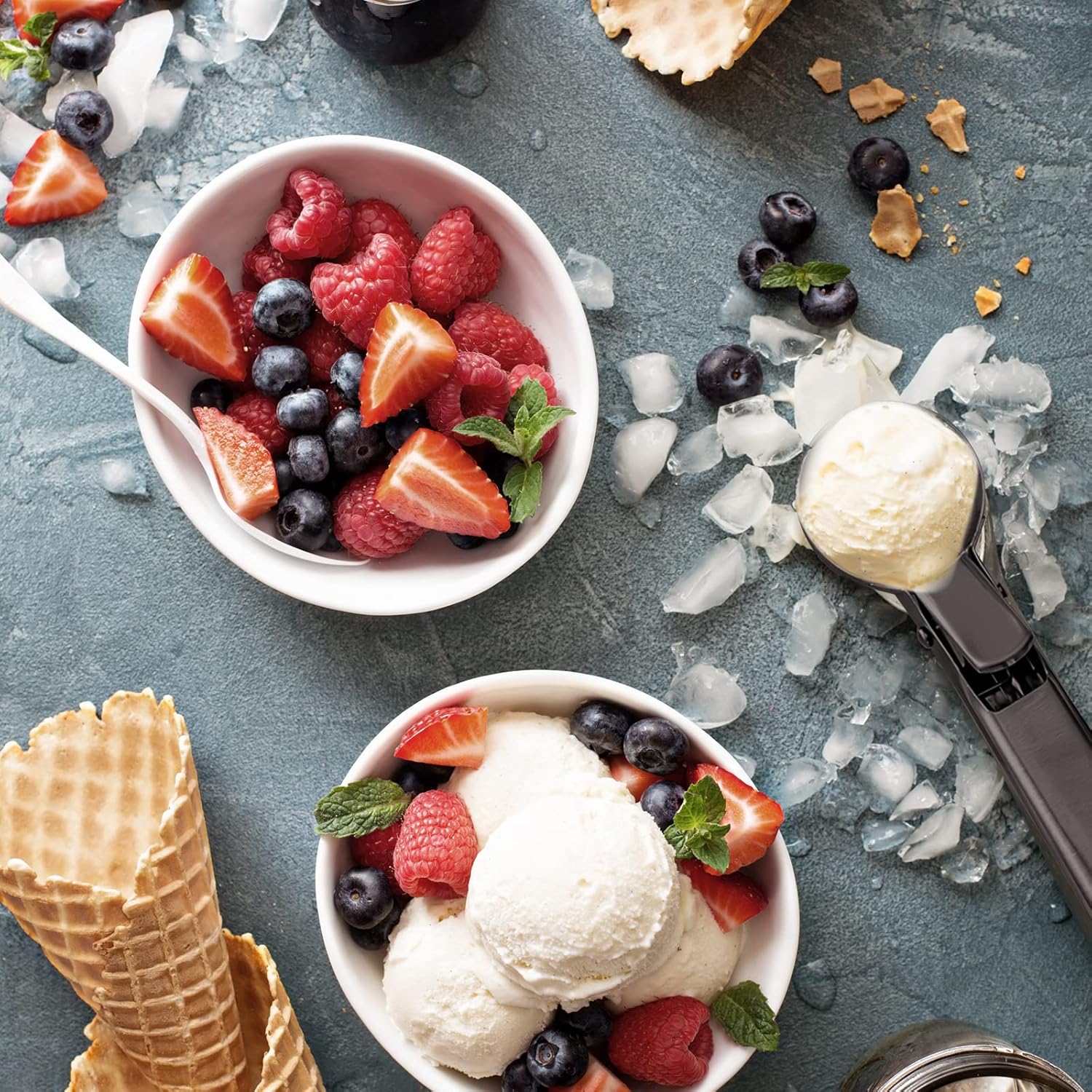 Cuchara de helado de acero inoxidable con cucharas de helado con gatillo, perfecta para yogur congelado, gelatos, helados (negro)