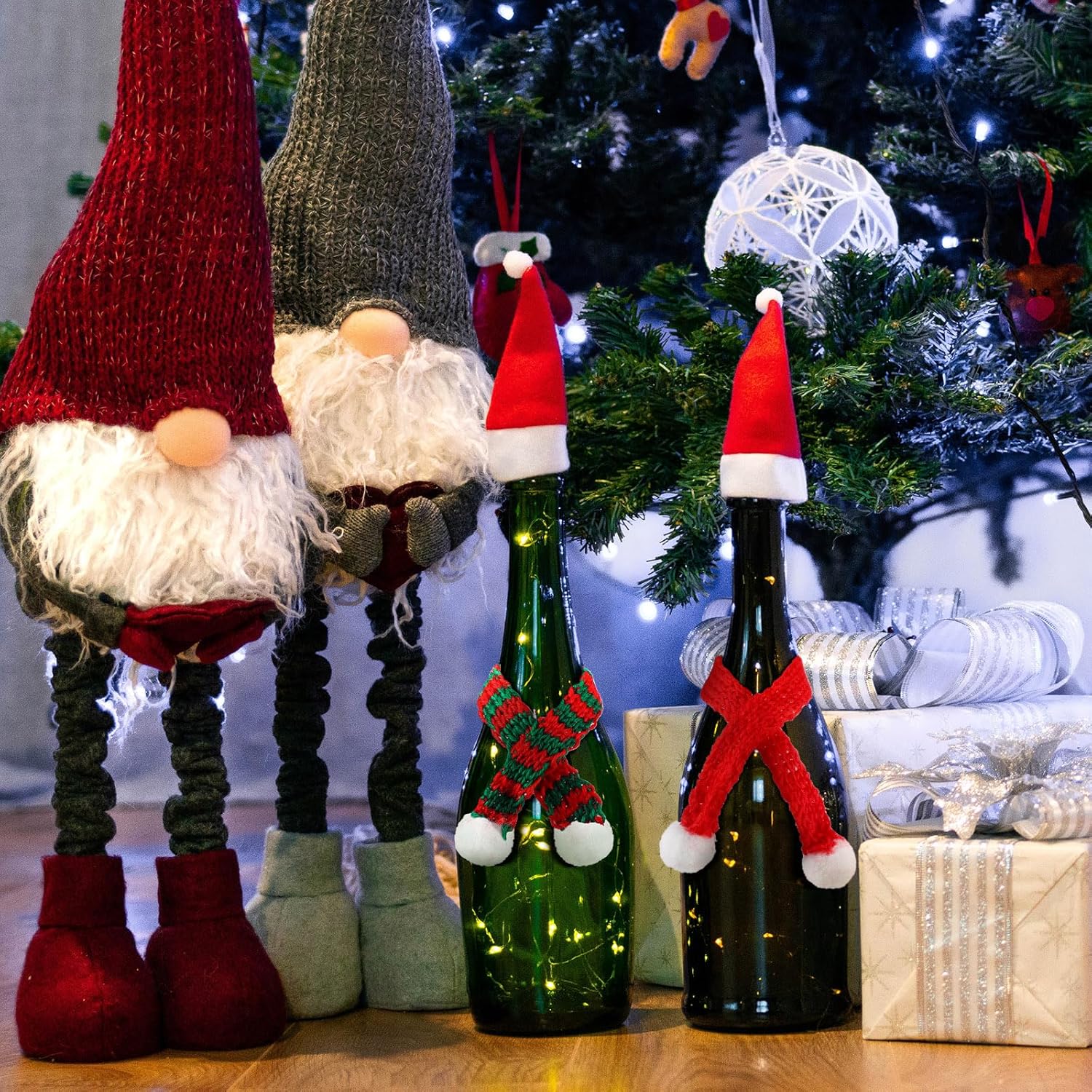 Mini bufandas navideñas de 7.9 x 0.6 pulgadas, bufanda de punto para mascotas, decoración de muñeca, muñeco de nieve, botella de vino, accesorio de