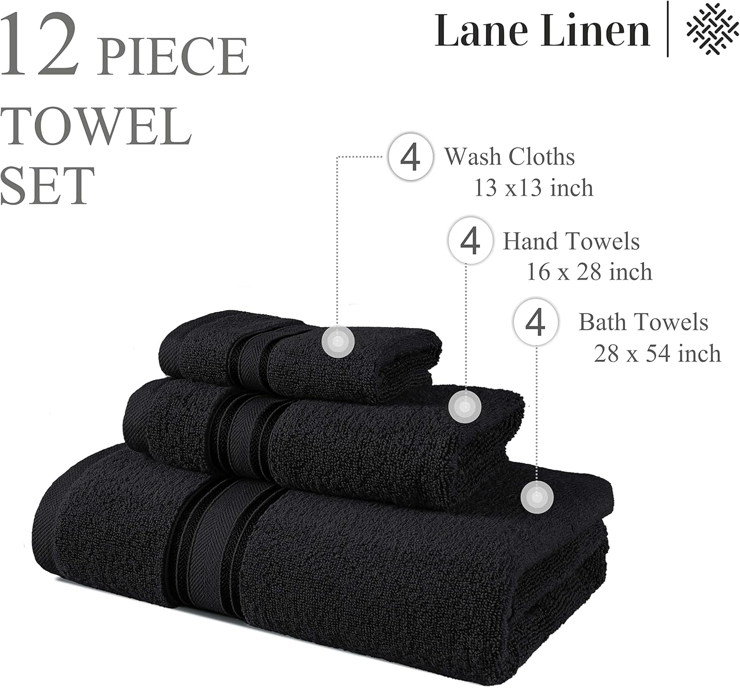 LANE LINEN – Juego de 12toallas de lujo de 100% algodón, cero torsión, de secado rápido, supersuaves y muy absorbentes, 4toallas de baño, 4toallas