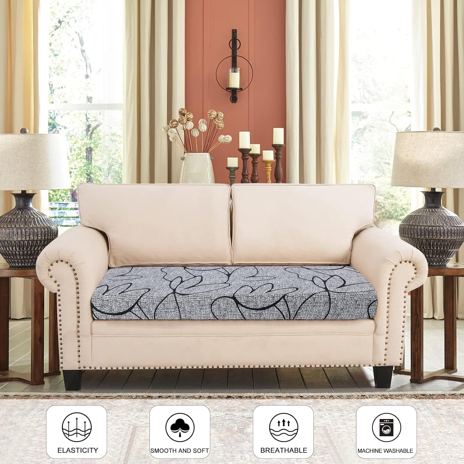SearchI Fundas de cojín de repuesto estampadas para sofá, con patrón elástico, lavable, protector de muebles suave con parte inferior elástica (M, 2