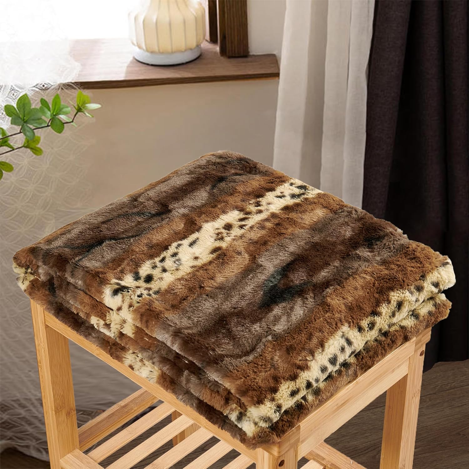 Manta de piel sintética marrón con estampado de leopardo cepillado de doble cara de 50 x 60 pulgadas, manta de felpa ligera y esponjosa para sofá,