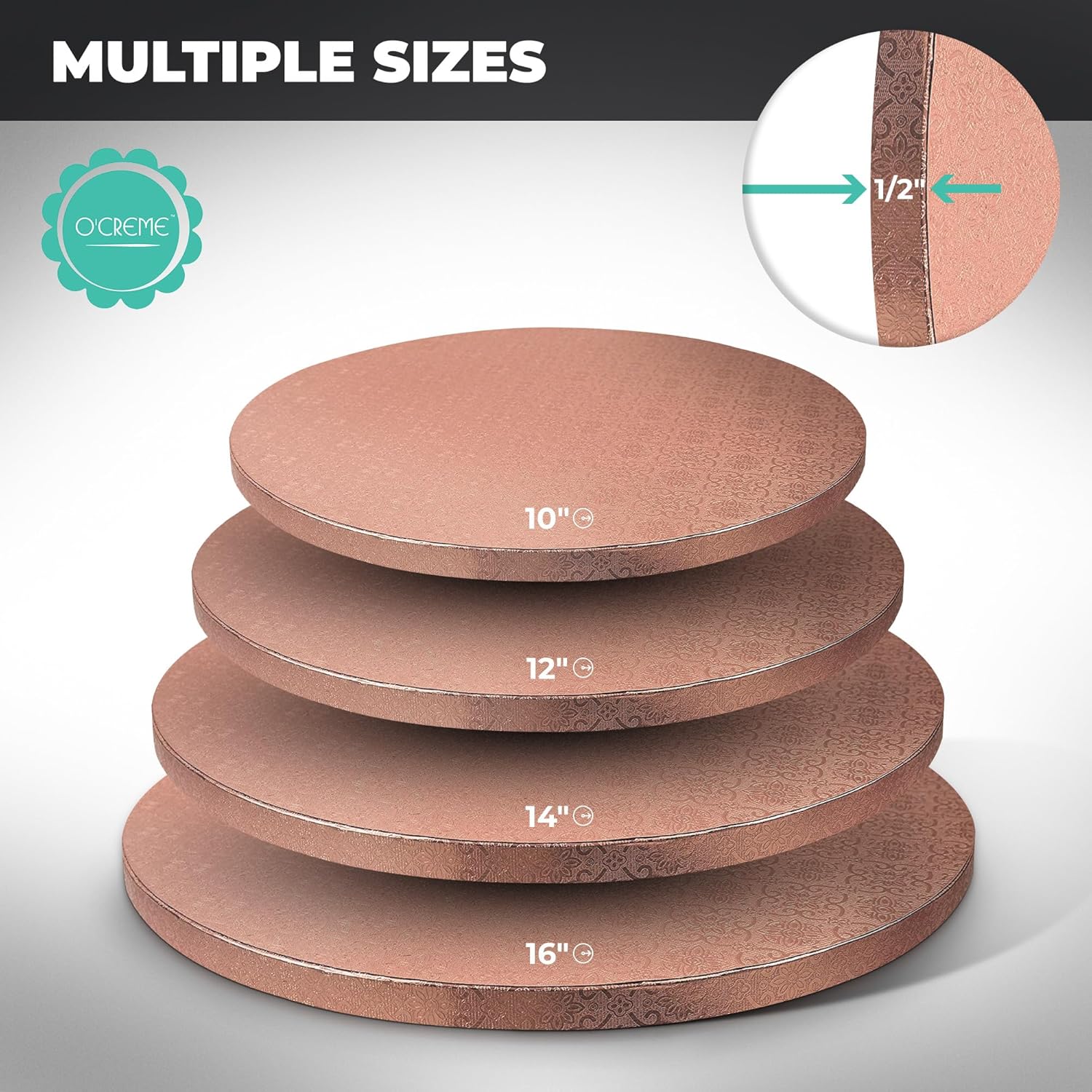 O’Creme Tabla para tartas, círculos redondos de papel de aluminio de oro rosa con diseño magnífico, resistente y duradero, tambores para pasteles de