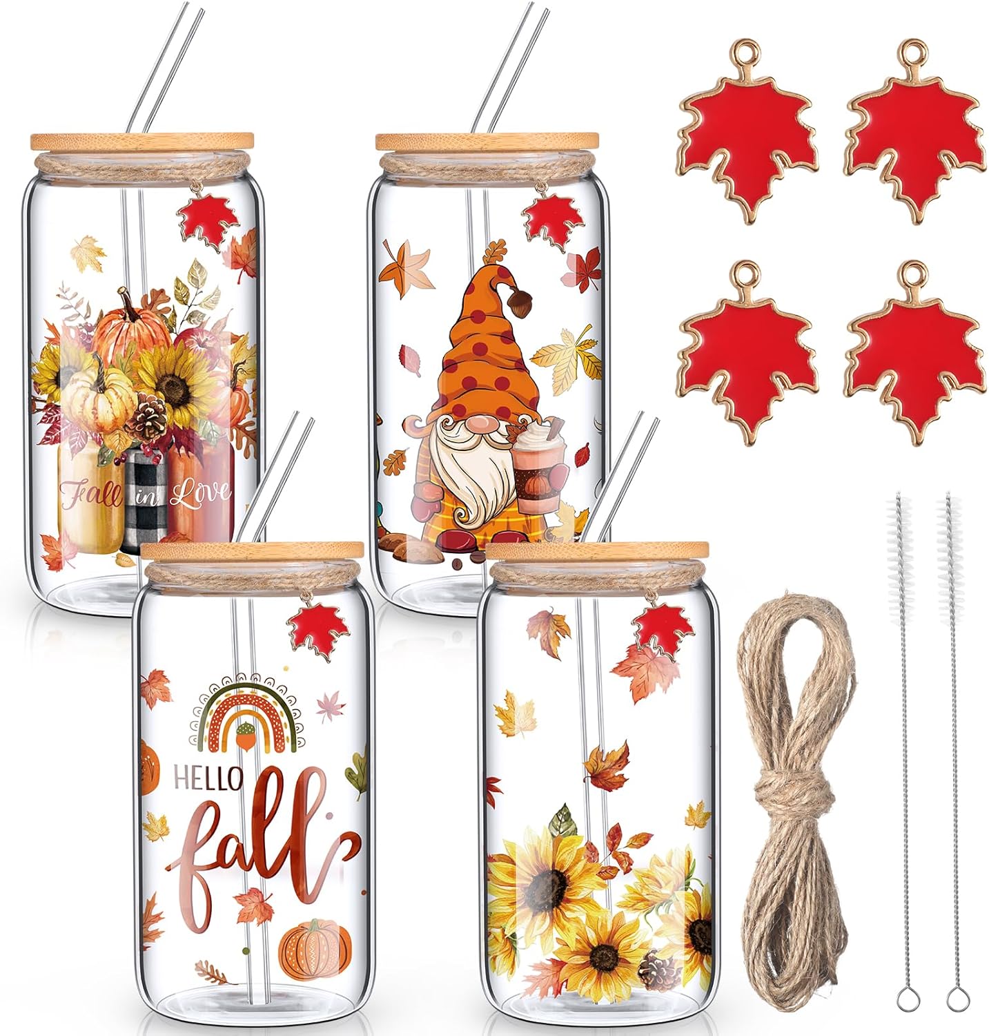 Sliner 4 juegos de vasos de vidrio de otoño de 16 onzas con tapa y cepillo de limpieza para pajilla, colgantes de hojas de arce, girasol, gnomo,