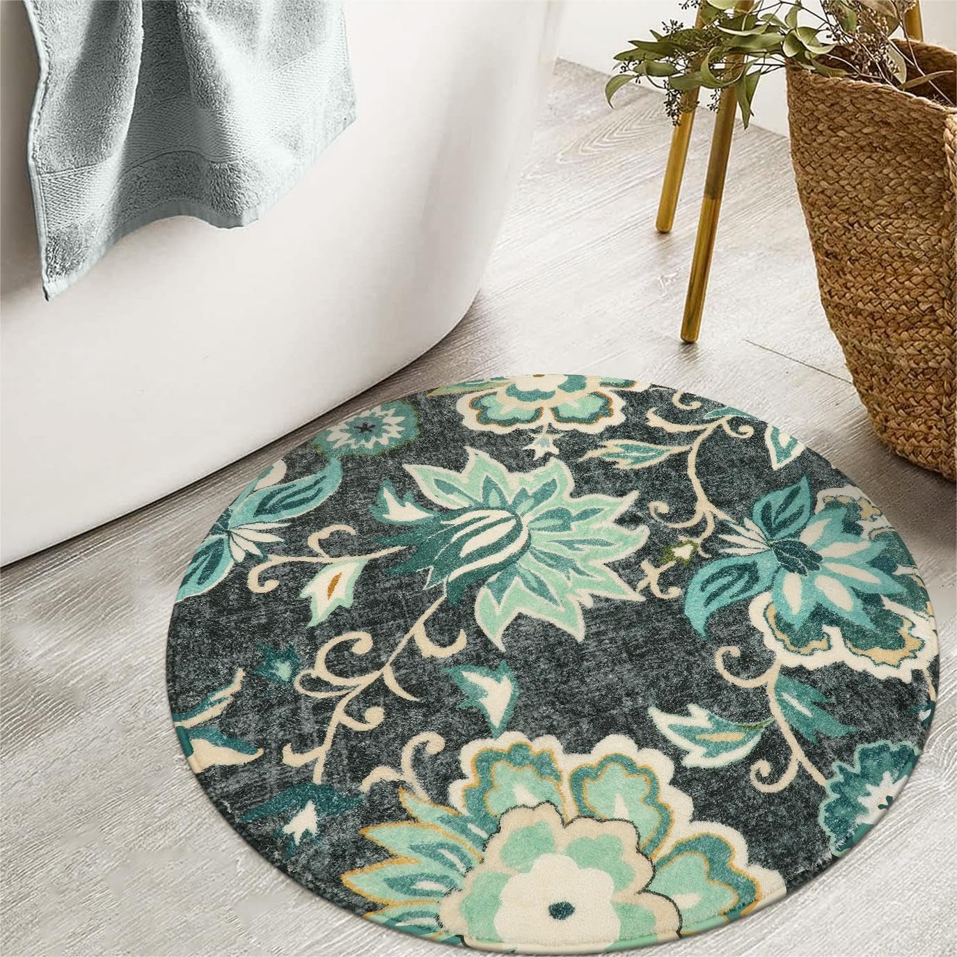 Lahome Alfombra redonda lavable floral de 3 pies, alfombra redonda pequeña y bohemia para dormitorio, antideslizante, resistente a las manchas, para