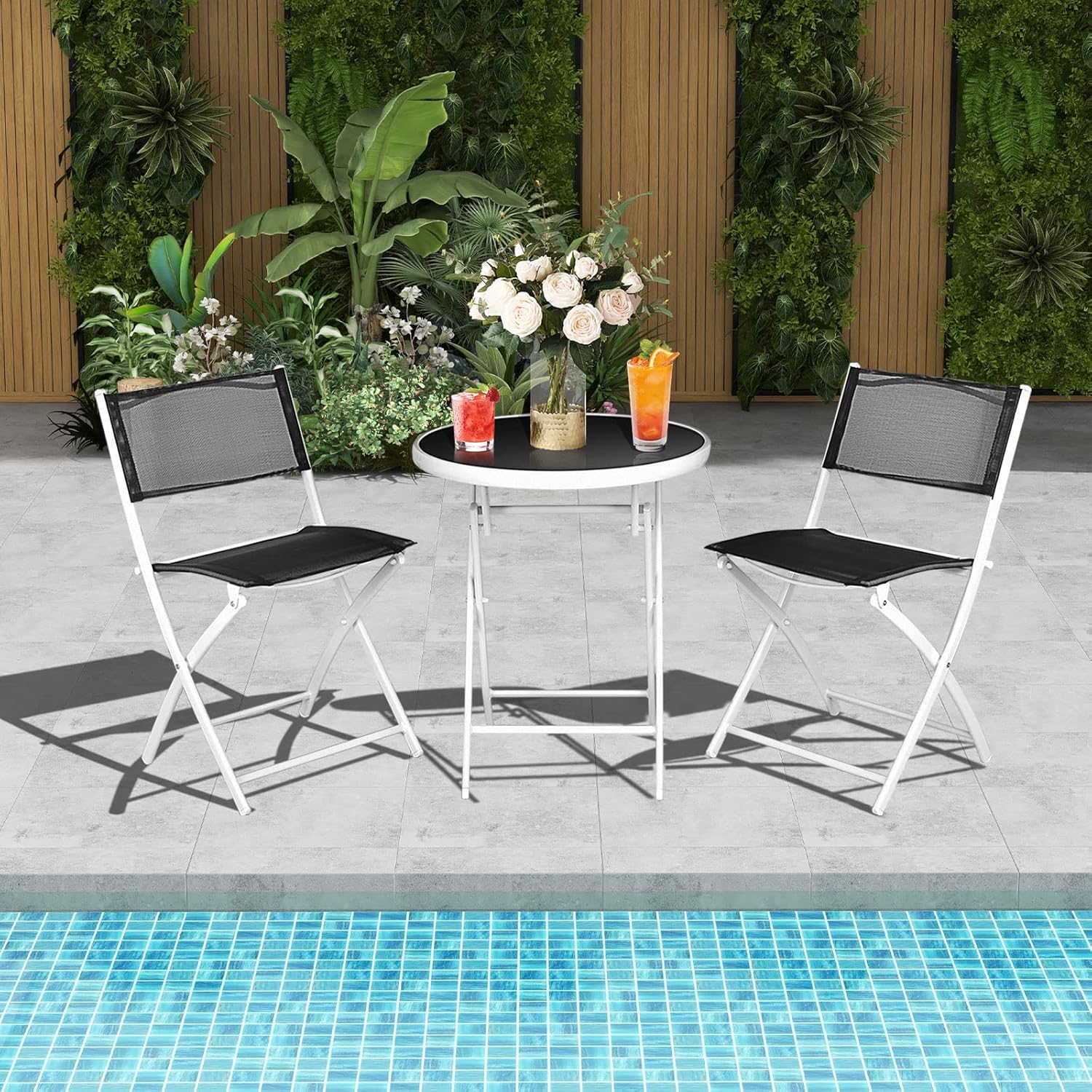 HAPPYGRILL Juego de 3 piezas de bistró plegable para patio, juego de silla y mesa plegable al aire libre con tela transpirable, mesa de vidrio