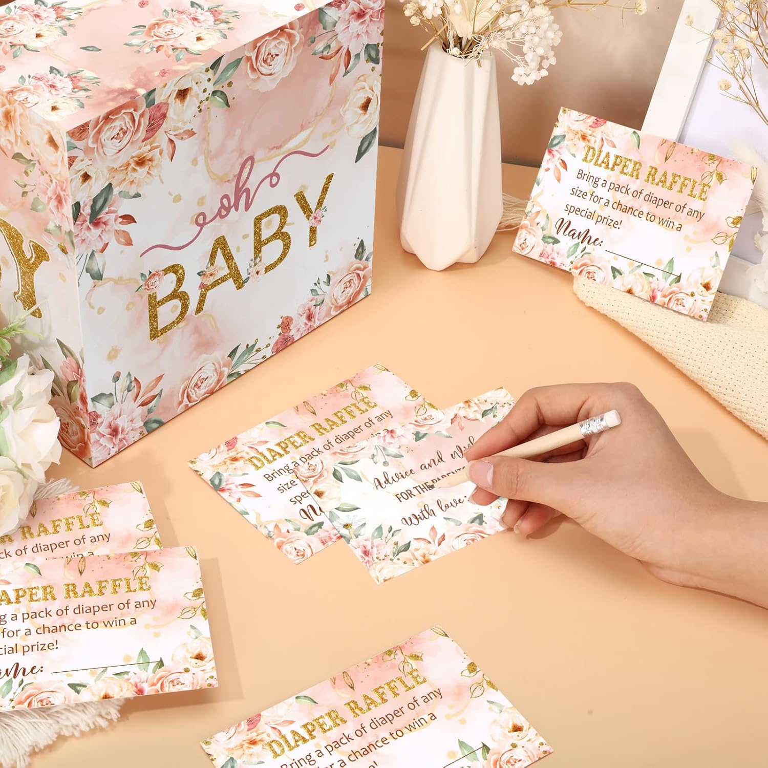 Teling 51 boletos para rifas de pañales con caja de tarjetas, decoración de baby shower, caja de soporte para baby shower, para fiesta de rifas de