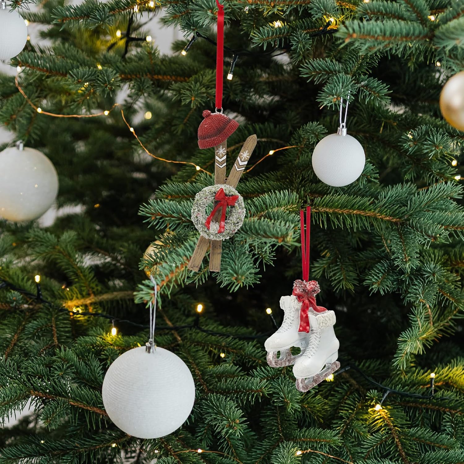 Adornos para árbol de Navidad, zapatos de patinaje  Juego de 2 bonitos adornos de Navidad, adornos de esquís y patines para árboles de Navidad,