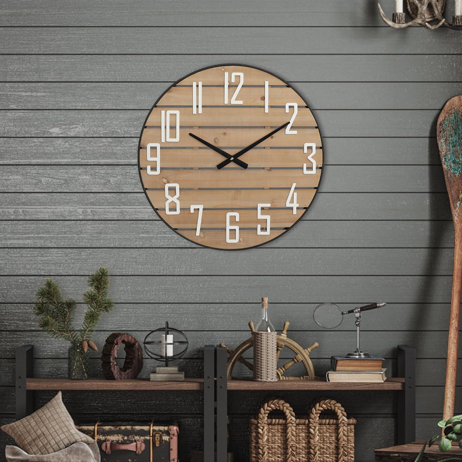 Reloj de pared de madera de granja, silencioso, sin tictac, reloj analógico redondo de 24 pulgadas, decorativo para dormitorio, sala de estar,