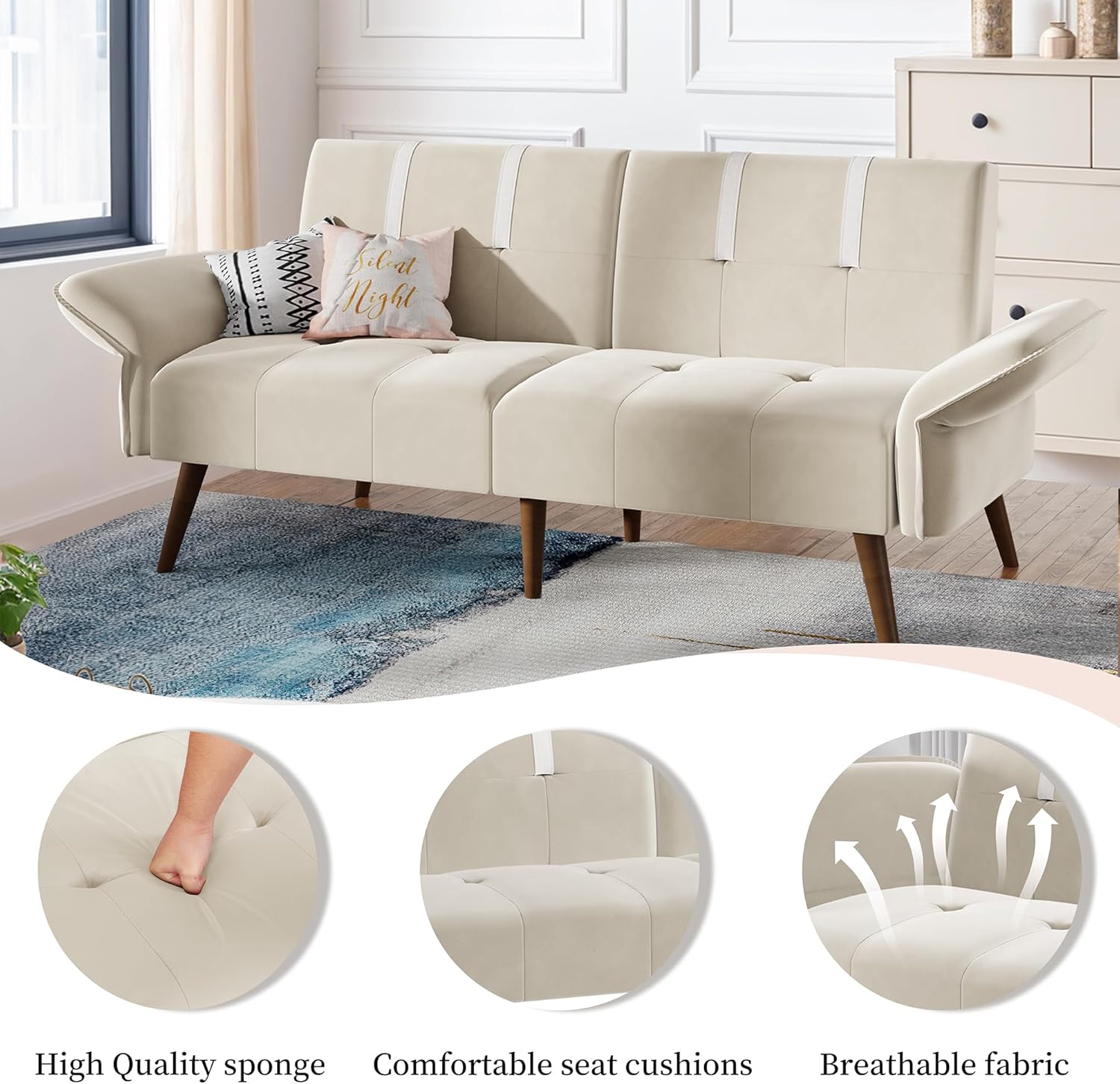 JAMFLY Sofá cama futón de terciopelo de 69 pulgadas, sofá cama convertible con reposabrazos y respaldo ajustables, moderno sofá biplaza para sala de