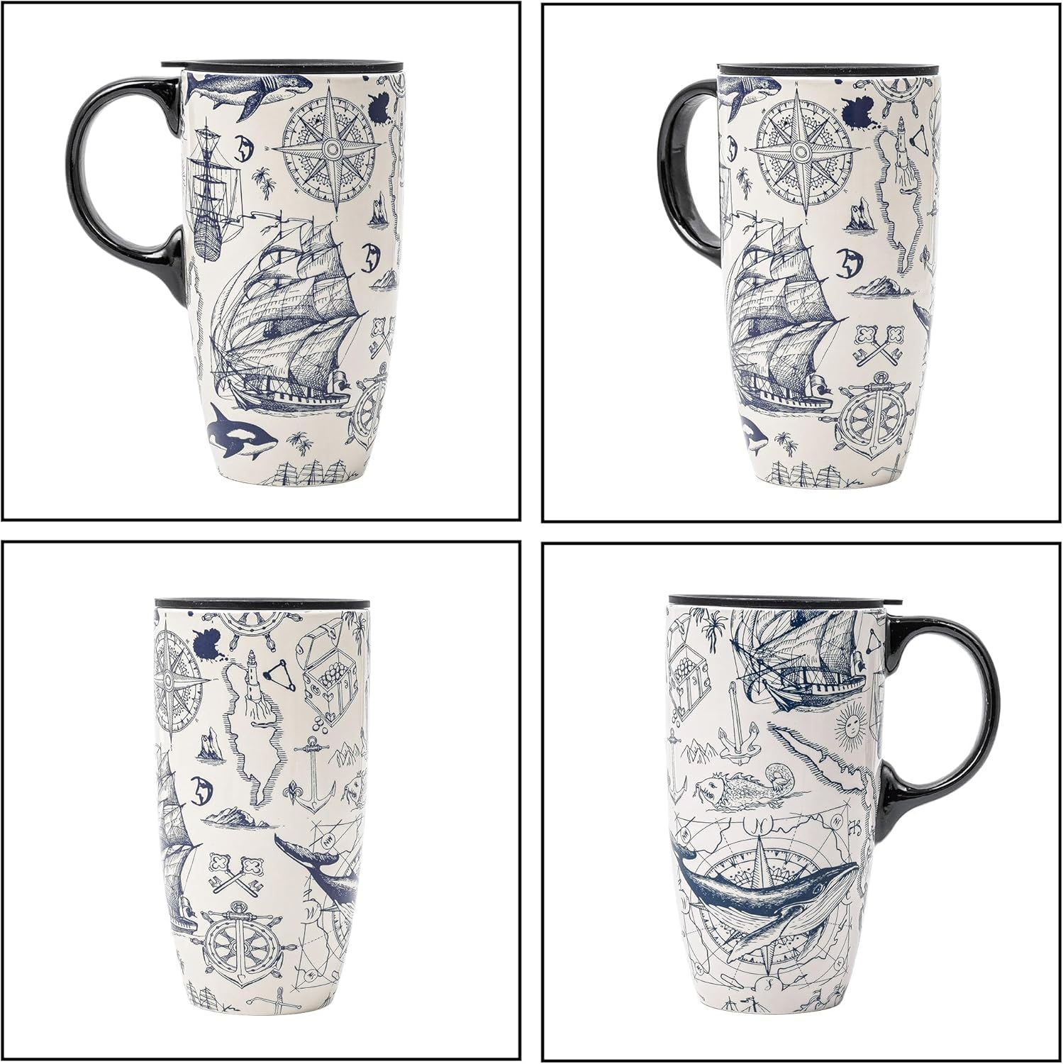 Voltogar Taza de café de viaje de cerámica con tapa, regalo para el hogar y la oficina, taza de té alta de porcelana de 17 onzas con mango de arte