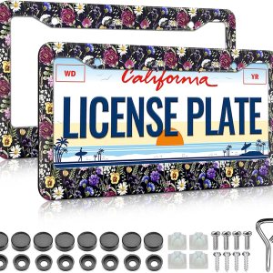 LIN KANG Marco de matrícula de flores coloridas  Paquete de 2 marcos de matrícula universales de aluminio artísticos florales para mujer, cubierta LIN KANG Marco de matrícula de flores coloridas  Paquete de 2 marcos de matrícula universales de aluminio artísticos florales para mujer, cubierta