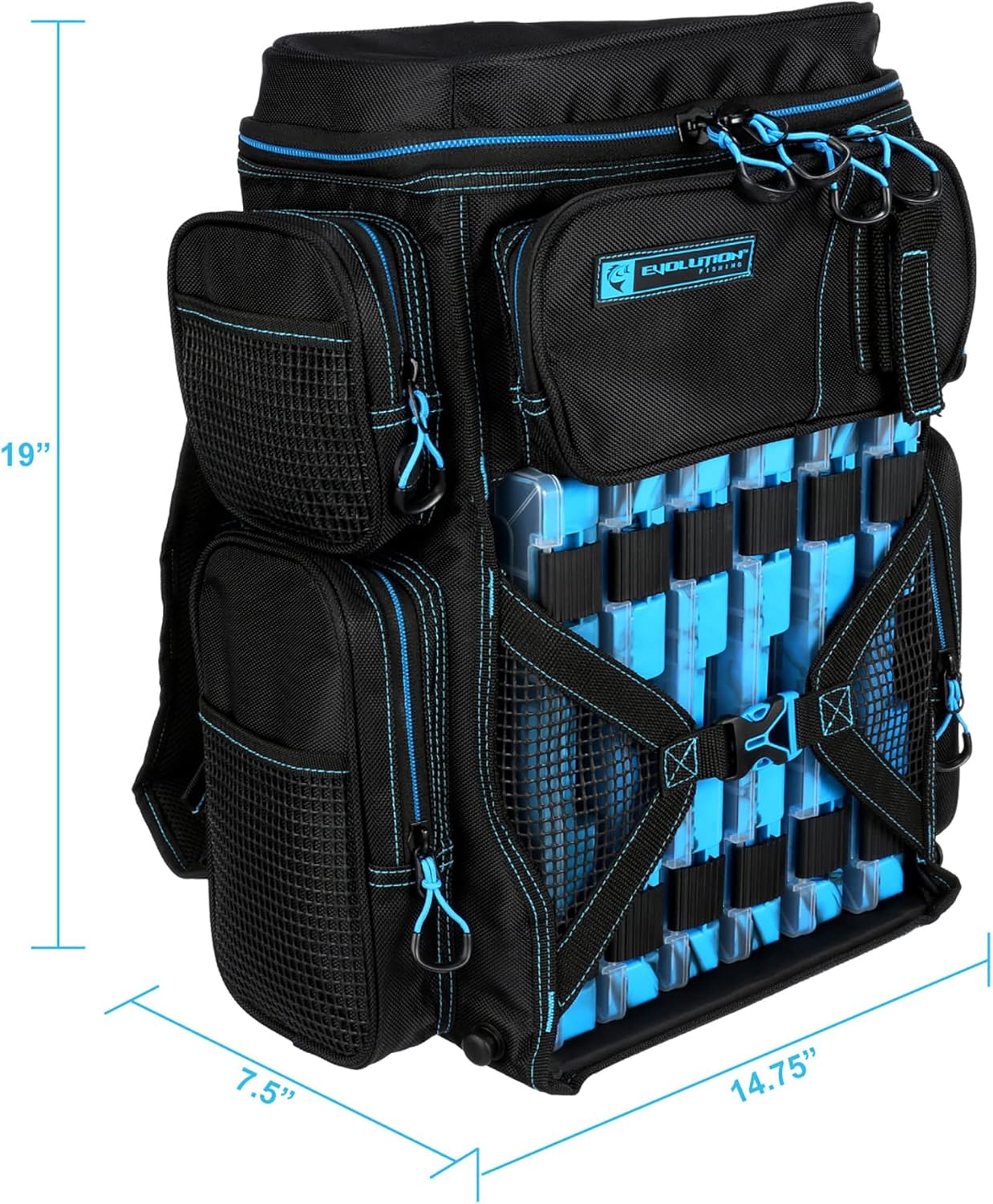 Evolution Fishing Drift Series – Mochila para aparejos – Azul, tamaño 3600, mochila para exteriores con 6 bandejas de aparejos de pesca, mosca de