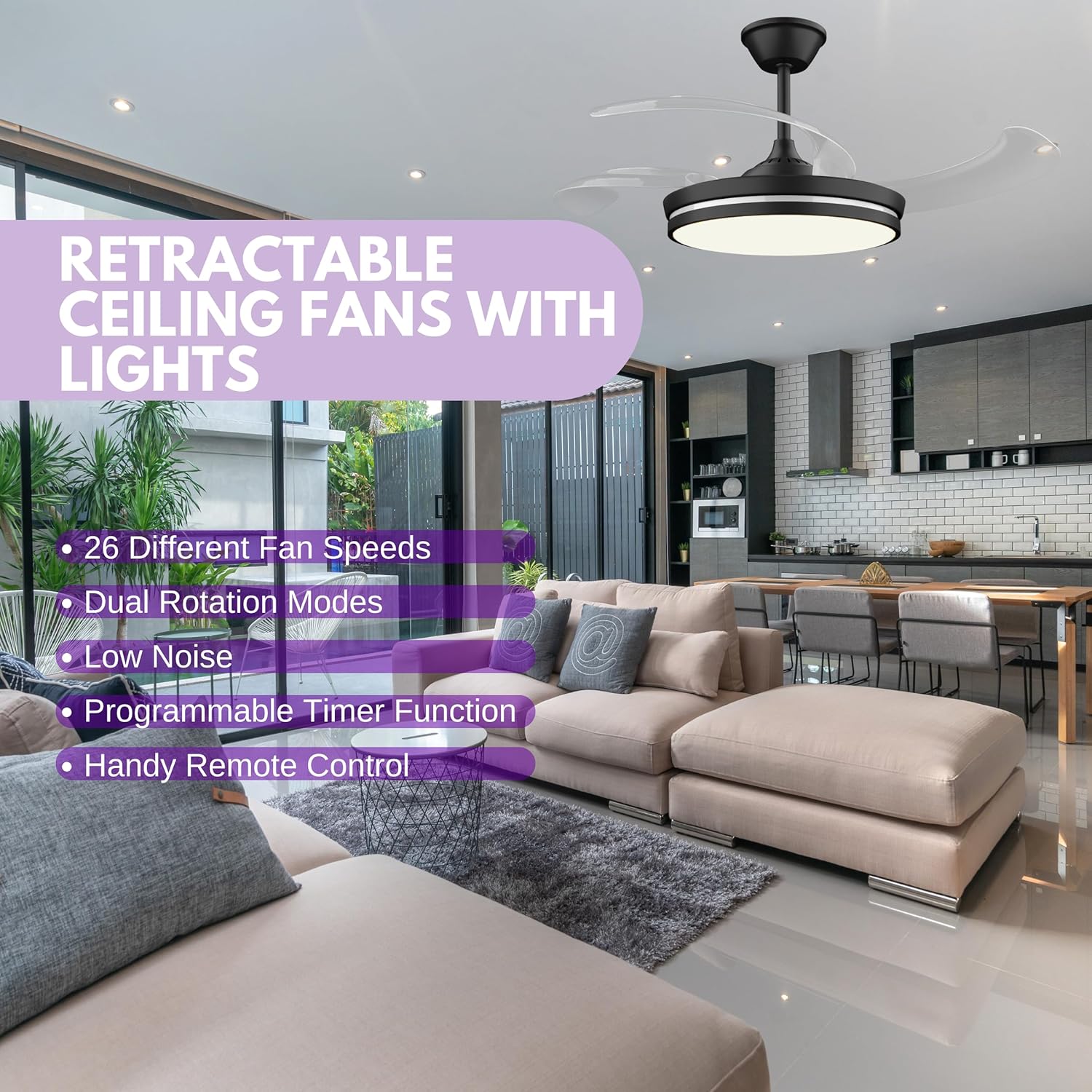 Ventilador de techo retráctil con luces, ventilador de techo retráctil de 42 pulgadas con luz LED y control remoto, motor silencioso de cuchillas