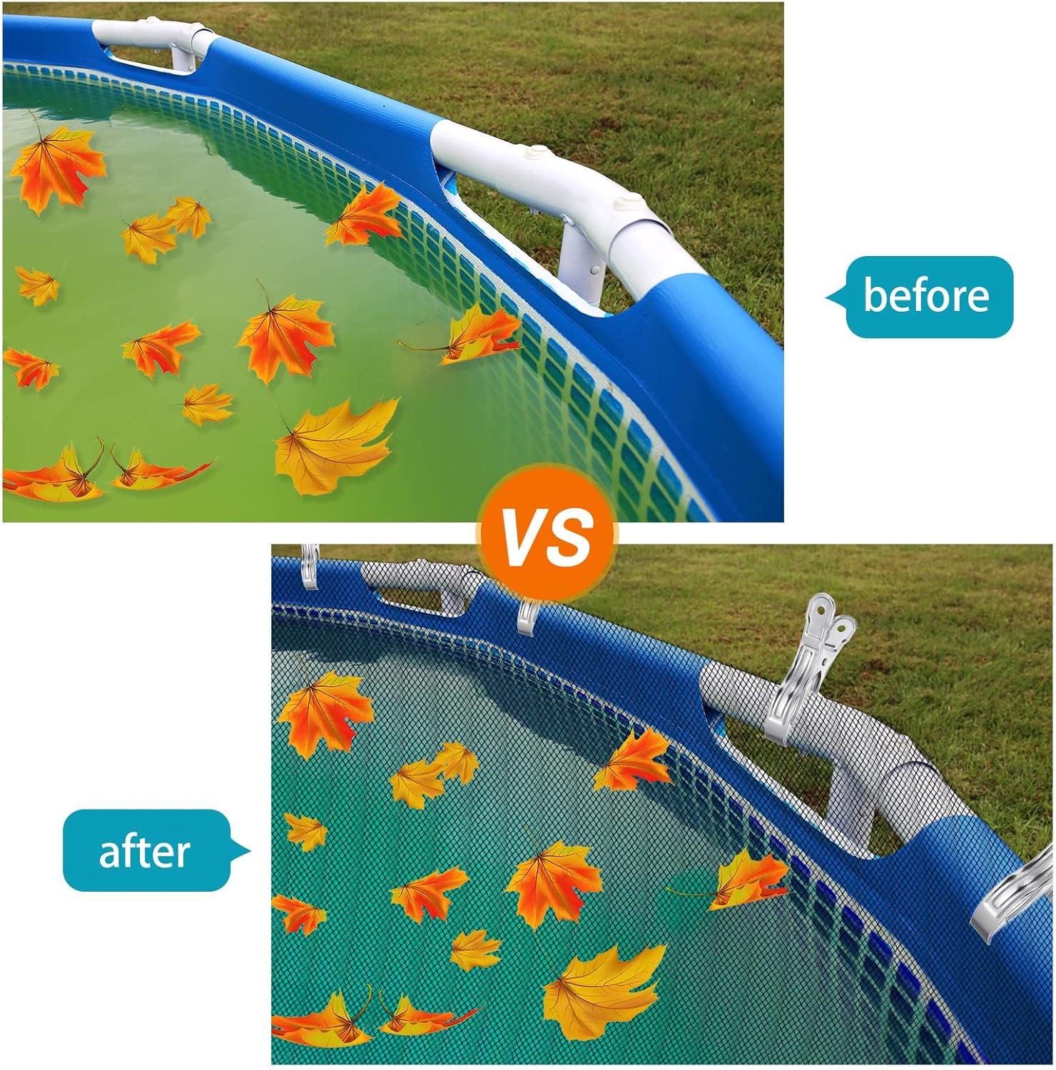 Cubierta de red de hojas para piscina sobre el suelo, cubierta de malla de invierno con 12 clips de cubierta de piscina para piscina sobre el suelo,