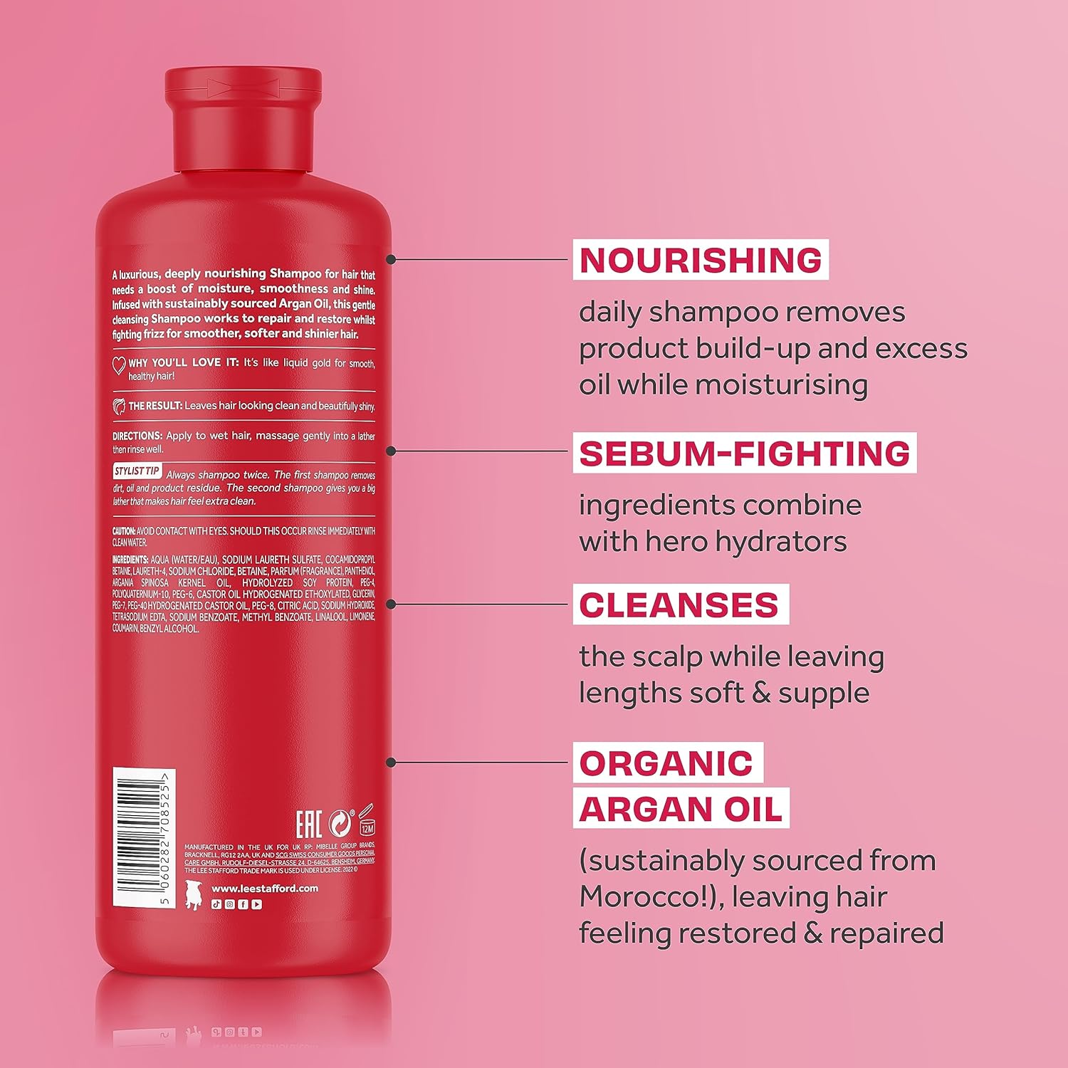 Lee Stafford Champú nutritivo de aceite de argán, 16.9 onzas líquidas, mejor para cabello seco opaco y encrespado  Cabello brillante y sedoso