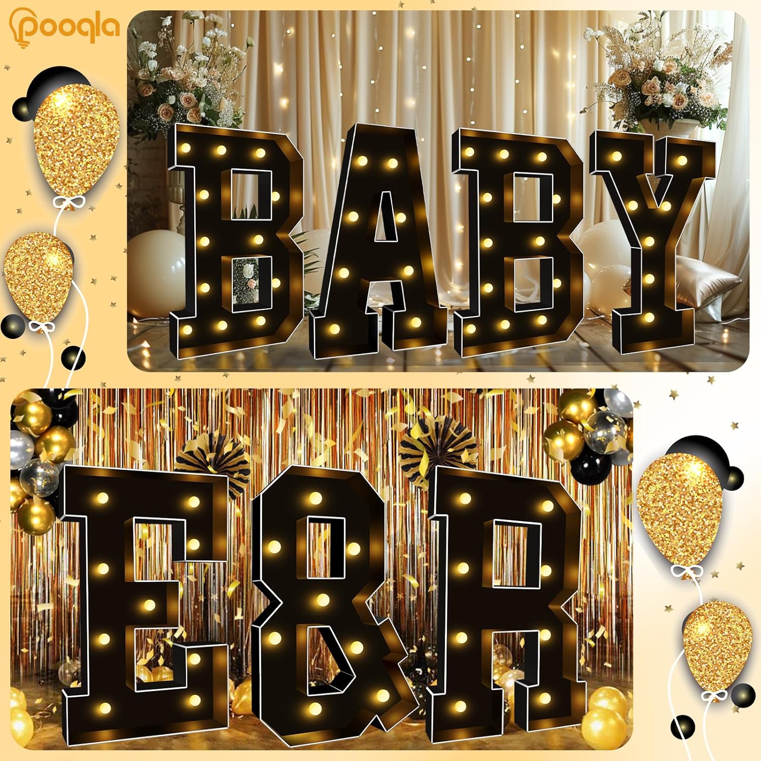 Pooqla Letras iluminadas de marquesina negra de 3 pies, letras de marquesina con luz LED grandes para decoración de fiestas, letras de mosaico